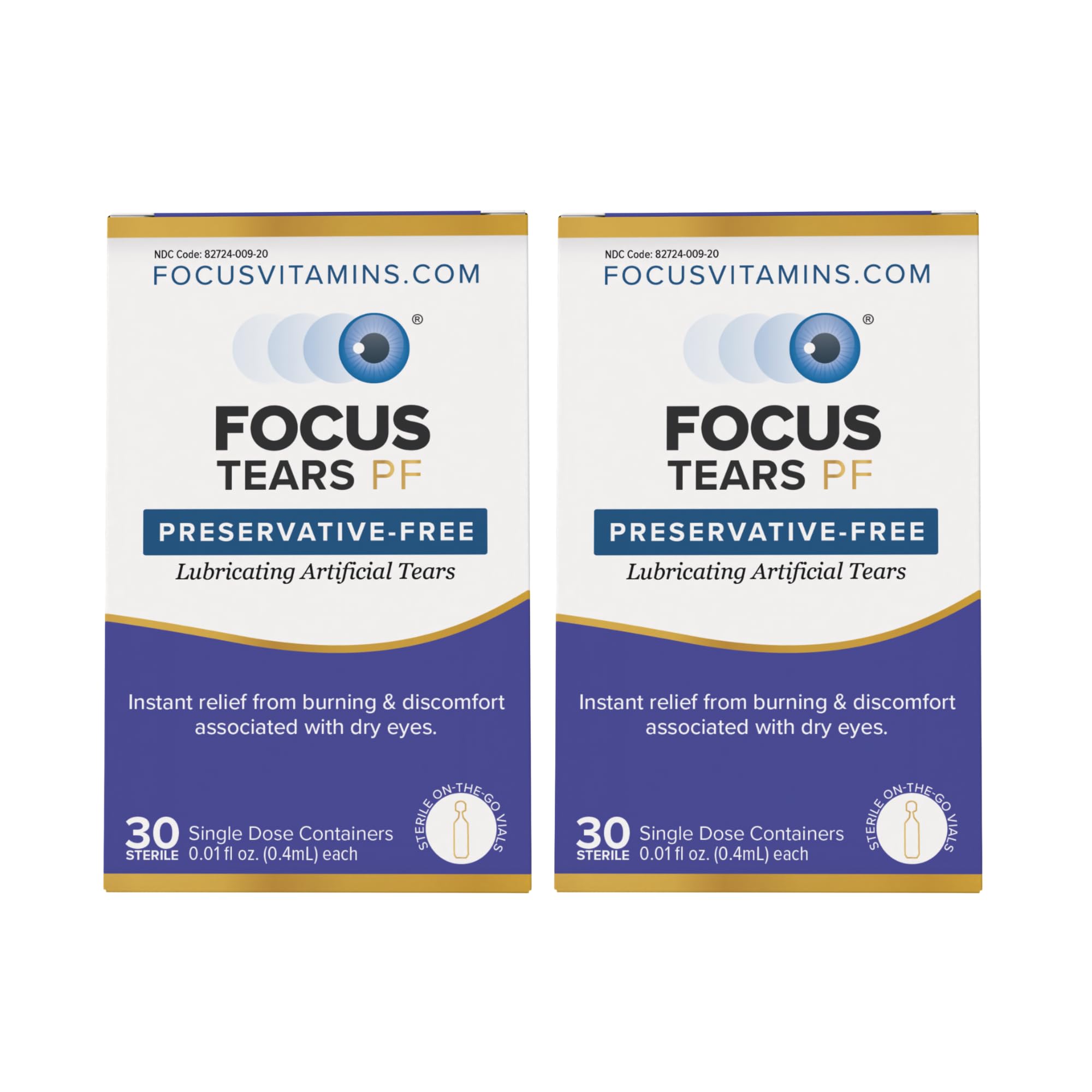 Focus Tears PF Preservative Free 30 Single Use Vials Lubricating Artificial Tear Eye Drops Instant Relief from Discomfort