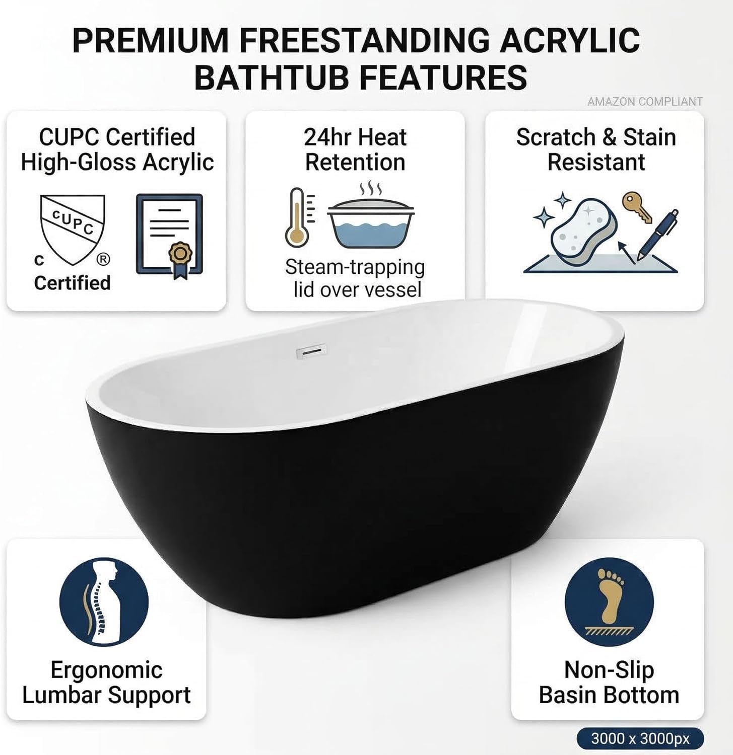 Freestanding Bathtub, Acrylic, Deep Soaking, Modern Upright Bathtub with Matte Drain and Black Overflow, Durable Double Wall, Freestanding for Bathroom, 67'', White