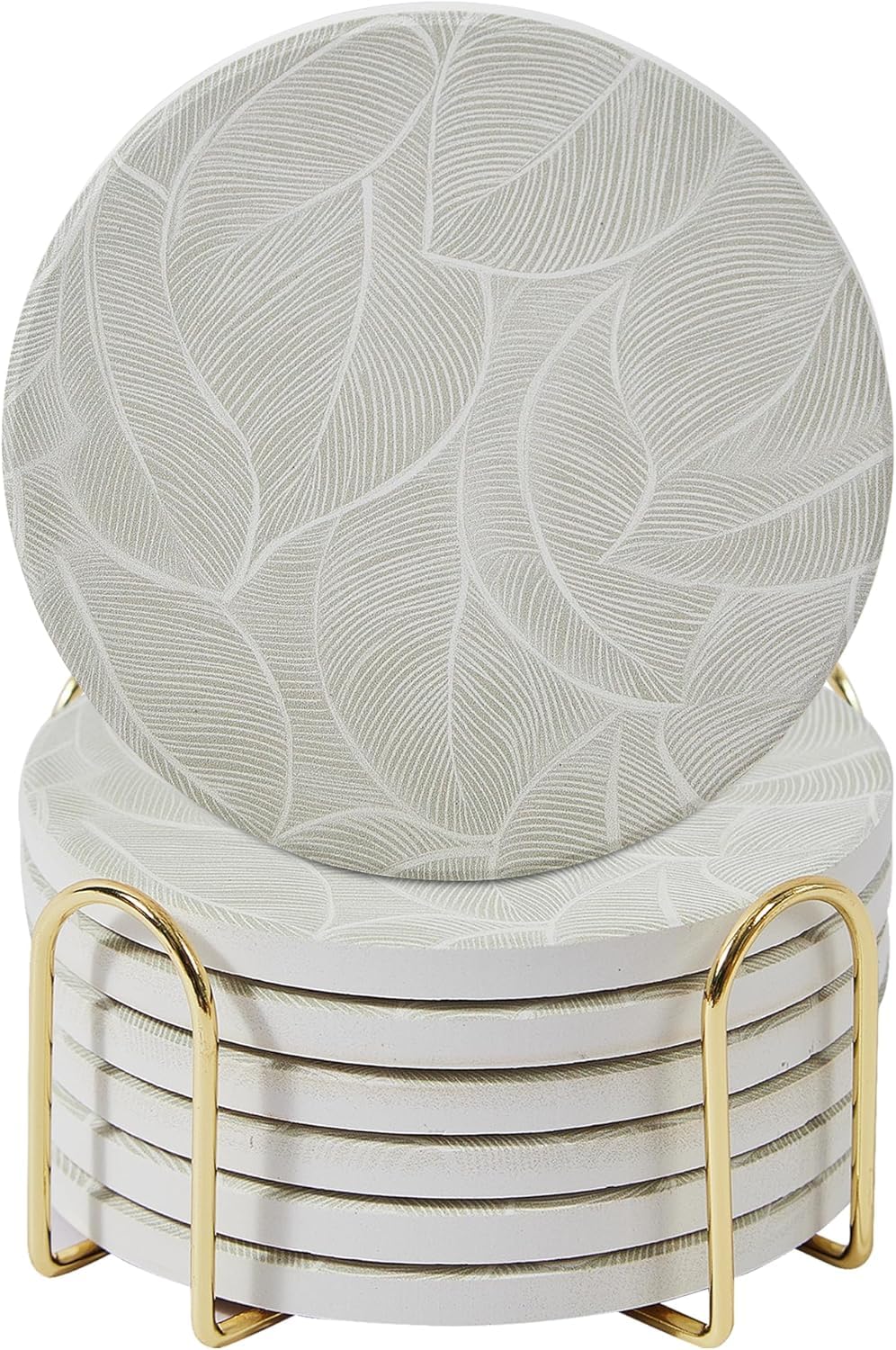 Colorful Stone Marble Coasters Set of 6, Cute Moisture Absorbing Coaster, Coffee Table Decor, Ceramic Absorbent Drink Coasters (Green Leaf Design)