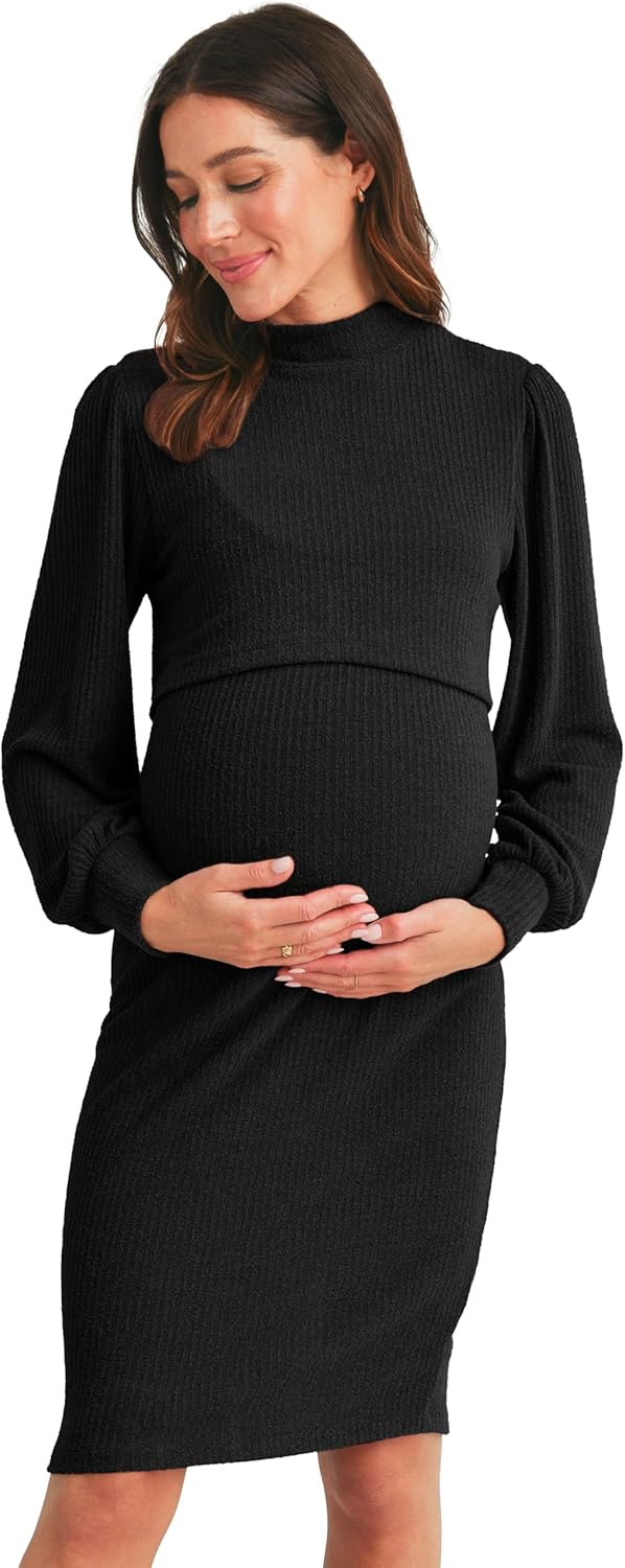 Womens Long Sleeve Mock Neck Ribbed Maternity Nursing Dress