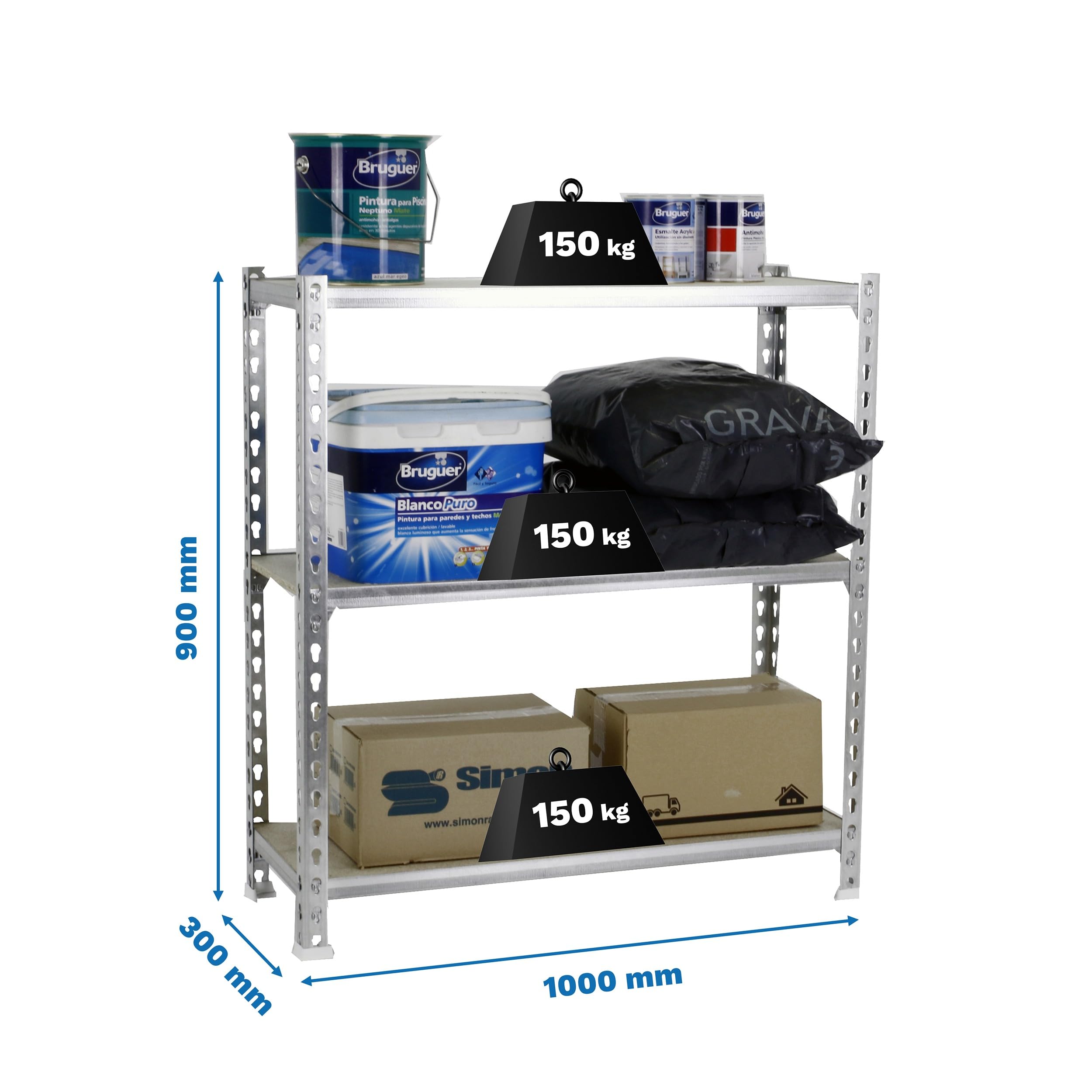 Simon Rack Scaffale Metallo Garage, 3 Ripiani Legno, 150 kg di Punto di Flessione, 900x1000x300 mm, Scaffale Garage, Senza Viti, Zincato/Legno - Maderclick