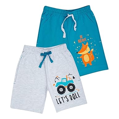 KYDA KIDS 100% Cotton Printed Shorts for Boys and Girls | Regular Fit Multicolor Shorts with Pocket for Unisex (Pack of 2)