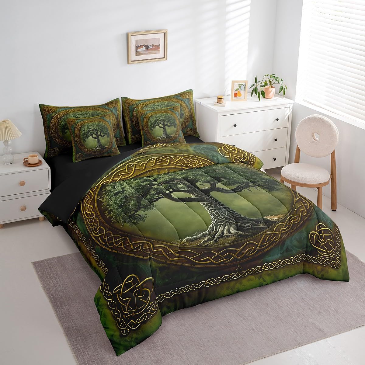 Manfei Tree of Life Comforter Set Full,Mystic Tree Boho Exotic Style Green Bedding Set,Tribal Golden Branches Geometric Circle Bed Set 7 Pieces(Comforter+Fitted+Flat Sheet+Pillowcase+Pillow Cover)
