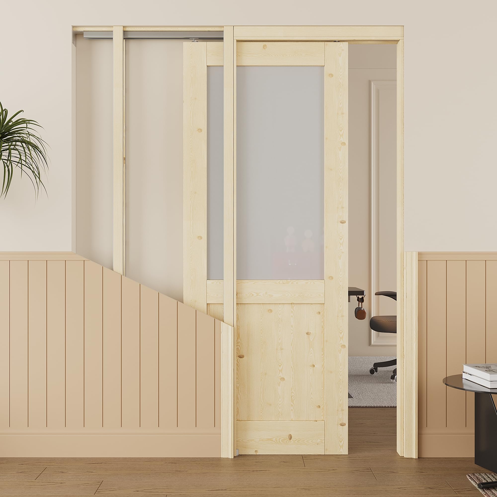 30x80 Sliding Pocket Door,Half Lite Pine Frosted Glass Doors,Hidden Doors