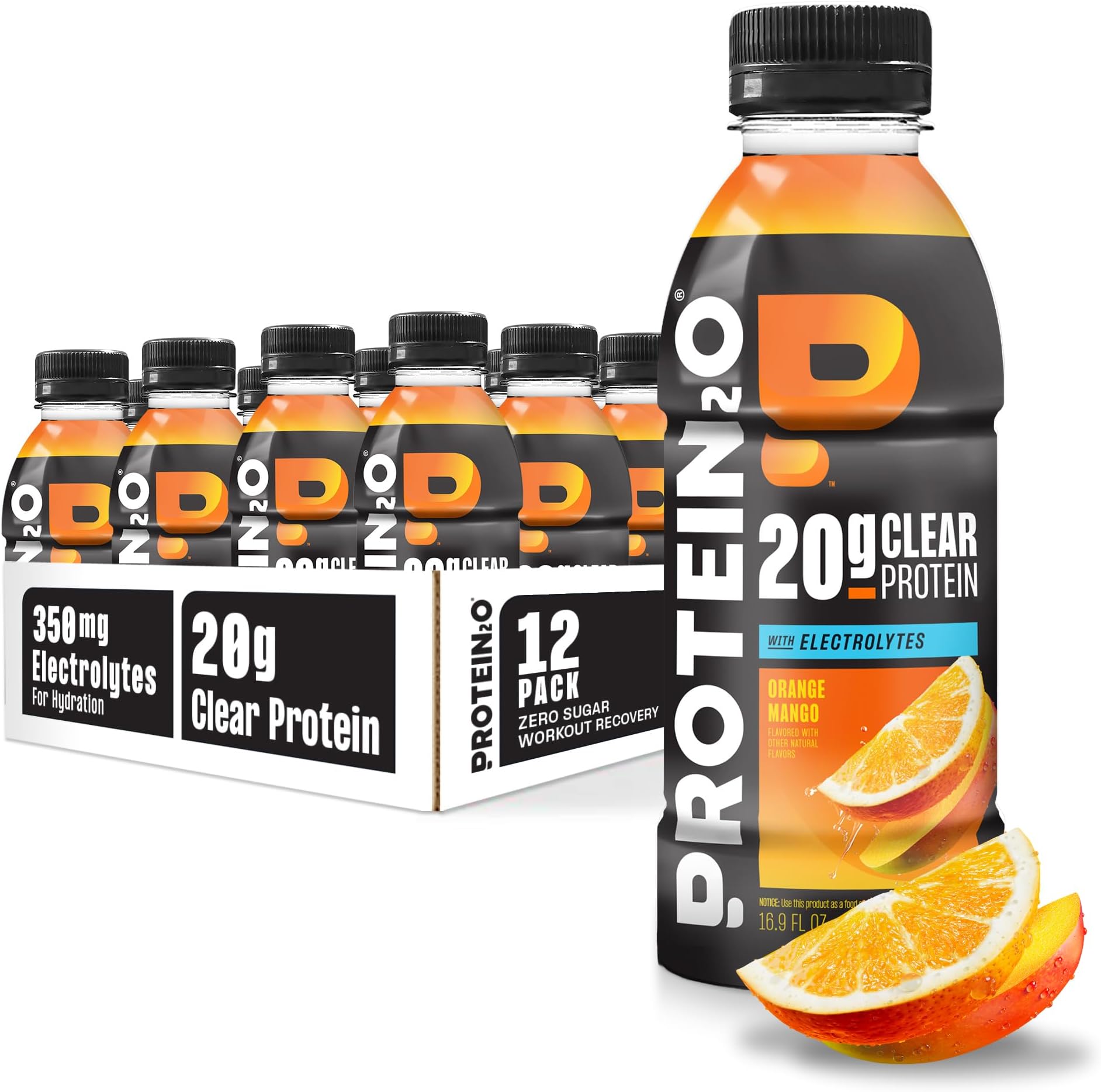 Hydration Drink - 2-in-1 Liquid Clear Whey Protein Isolate and Electrolyte Drink - 20g Protein, Vitamins B5, B6 - Post-Workout Recovery - 16.9 Fl Oz - 12 Count Orange Mango
