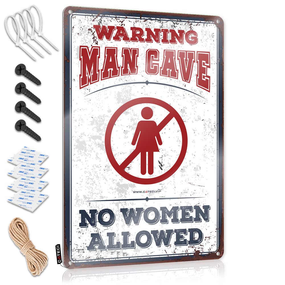 HELIOFORGE Vintage Metal Tin Sign Warning Man Cave No Women Allowed Sign Tin Signs Camping Rules Tin Sign Funny(30X40CM)