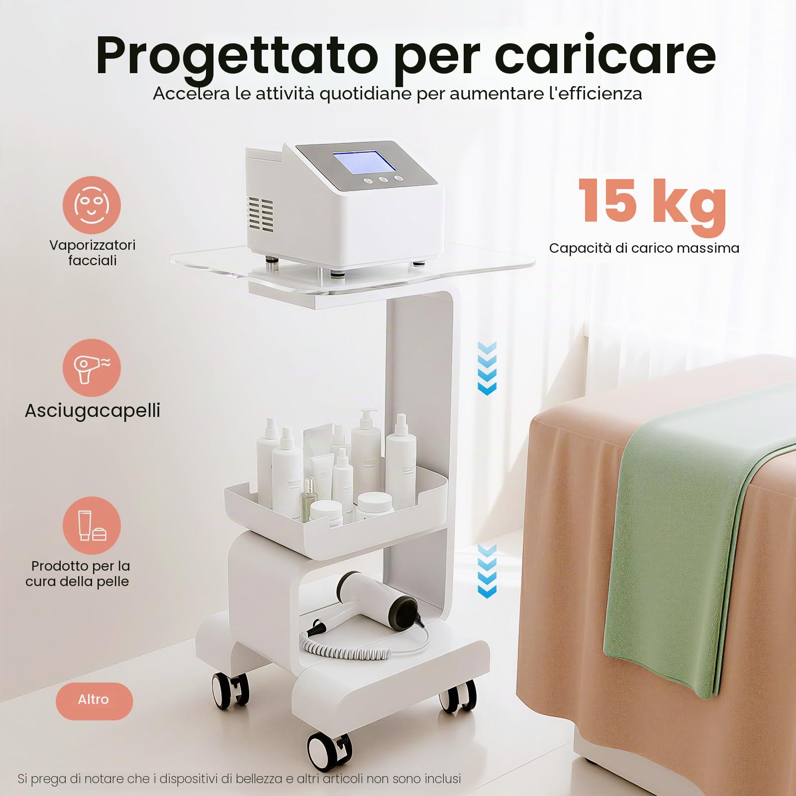 Carrello cosmetico Bellezza, Salon Trolley, Attrezzatura Tavolo Beauty Carrello Carrello per Saloni, Saloni di Bellezza, Ospedali, Capacità di carico 20 kg, Bianco