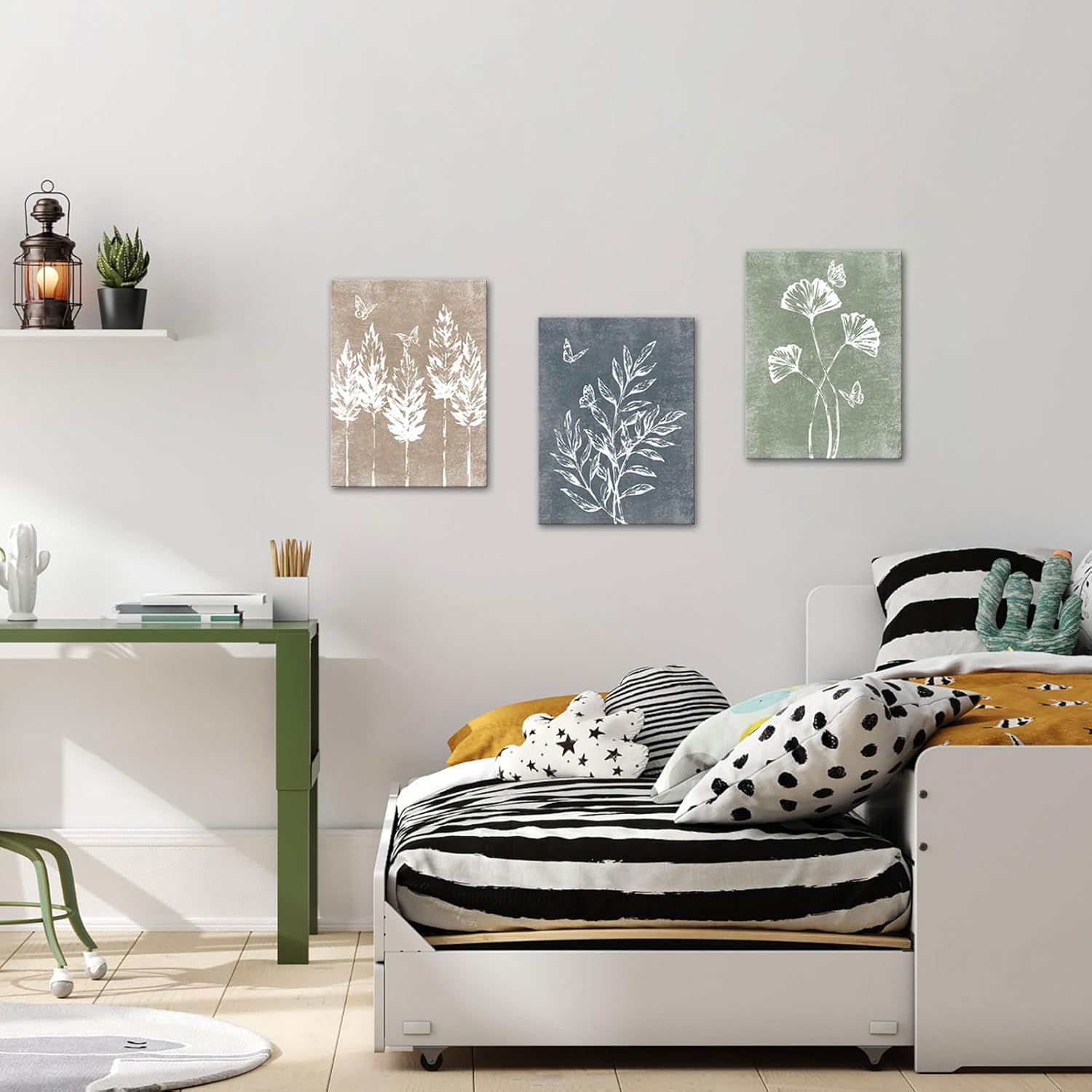 VANSEEING 3 Piece Boho Minimalist Botanical Canvas Wall Art Rustic Leaves Butterfly Painting Vintage Farmhouse Prints Modern Wall Decor for Home Kitchen Living Room Bedroom Brown Blue Green 12"x16" - Image 3