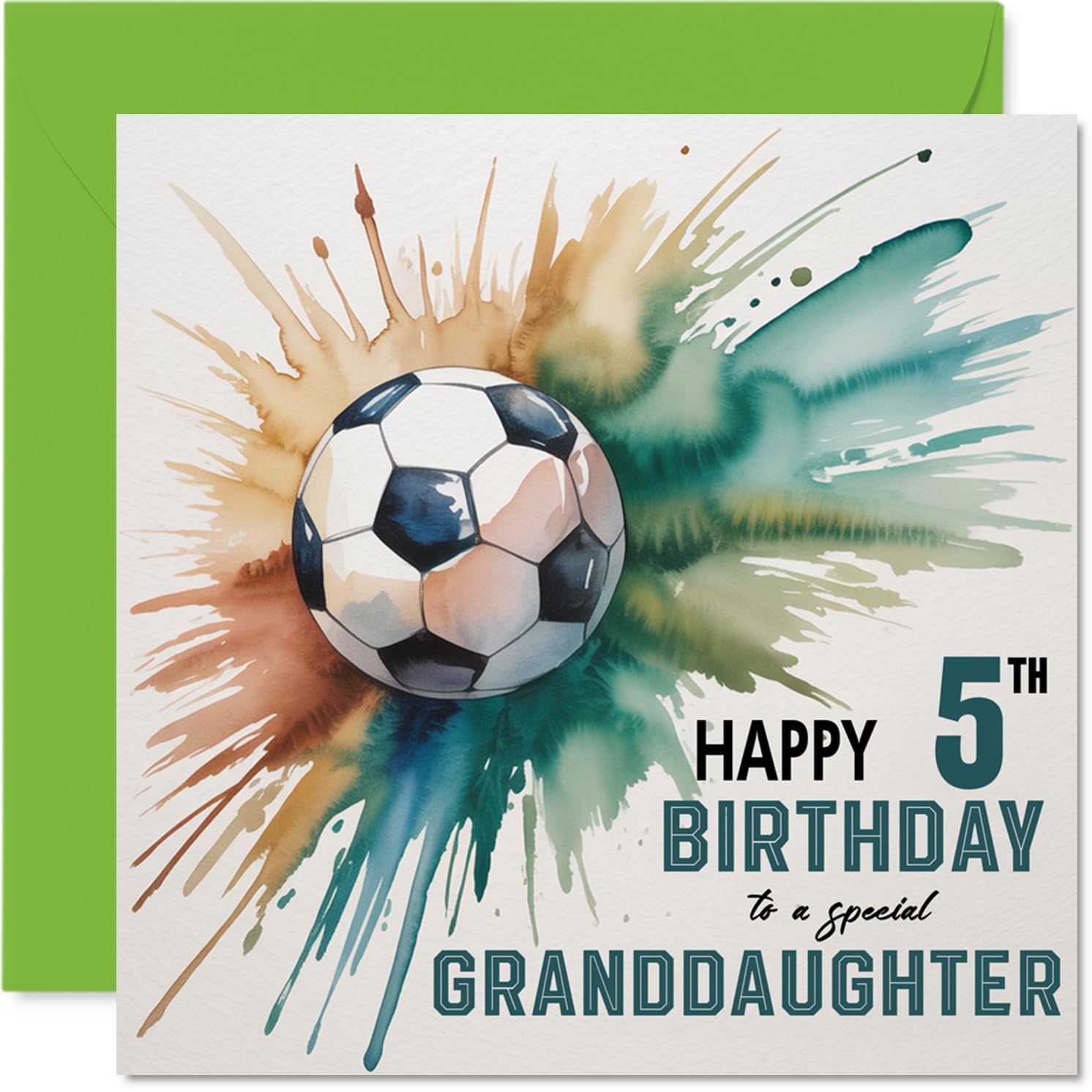 5th Birthday Cards for Granddaughter - Watercolour Football Splash - Happy Birthday Card for 5 Year Old Granddaughter from Grandad Grandma, 145mm Bday Greeting Cards