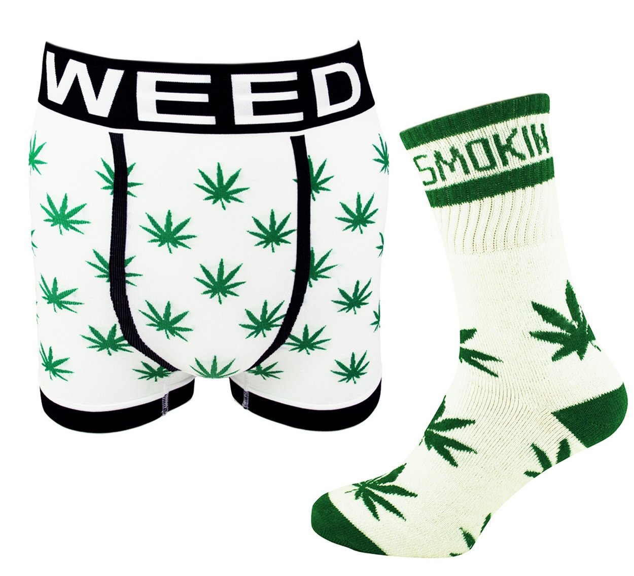 Itzu Men's 1 White Boxers / 1 White Green Socks Boxer Shorts Briefs Trunks And Highlife Socks Ganja Weed Leaf Print Calf Hi Socks Set (1 White Boxers/1 White Green Socks) - Xl