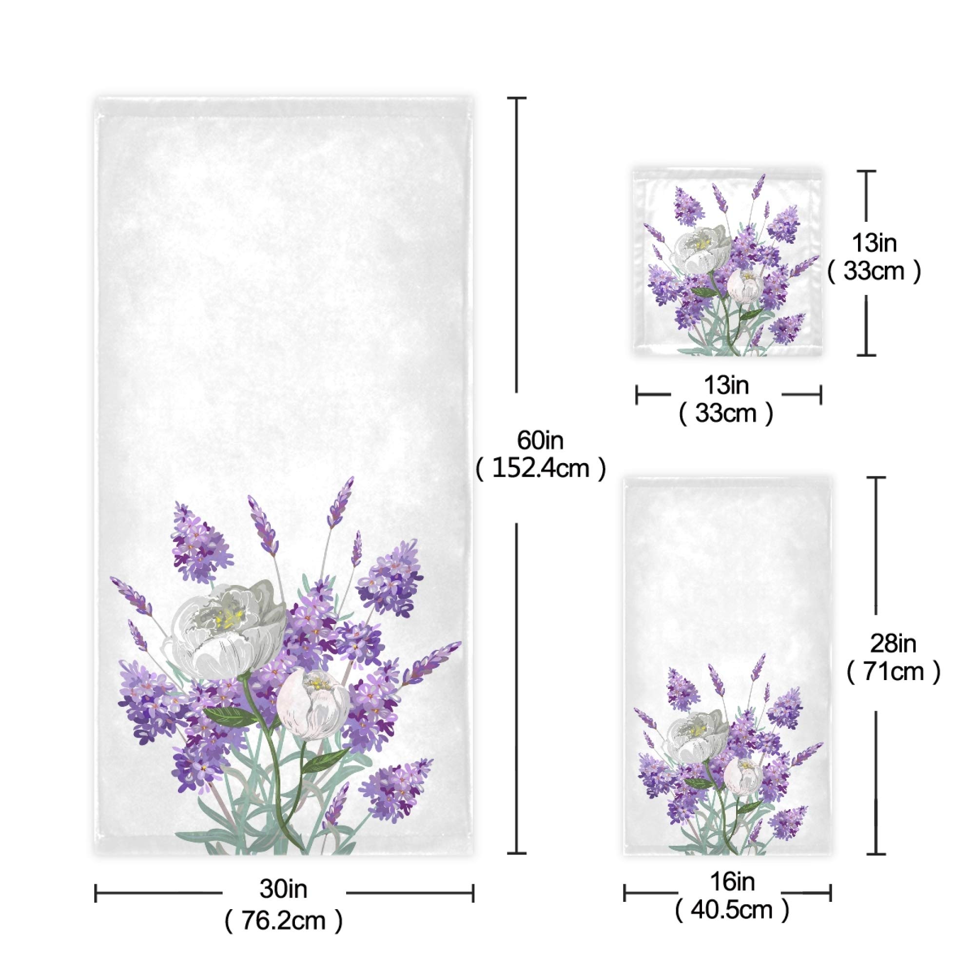 Naanle 3-Piece Towel Set,Purple Lavender White Peony Flower Nature Floral Bath Towel Sets, 1 Bath Towel, 1 Hand Towel, 1 Washcloth, Absorbent Soft Towels Quick Drying for Bathroom