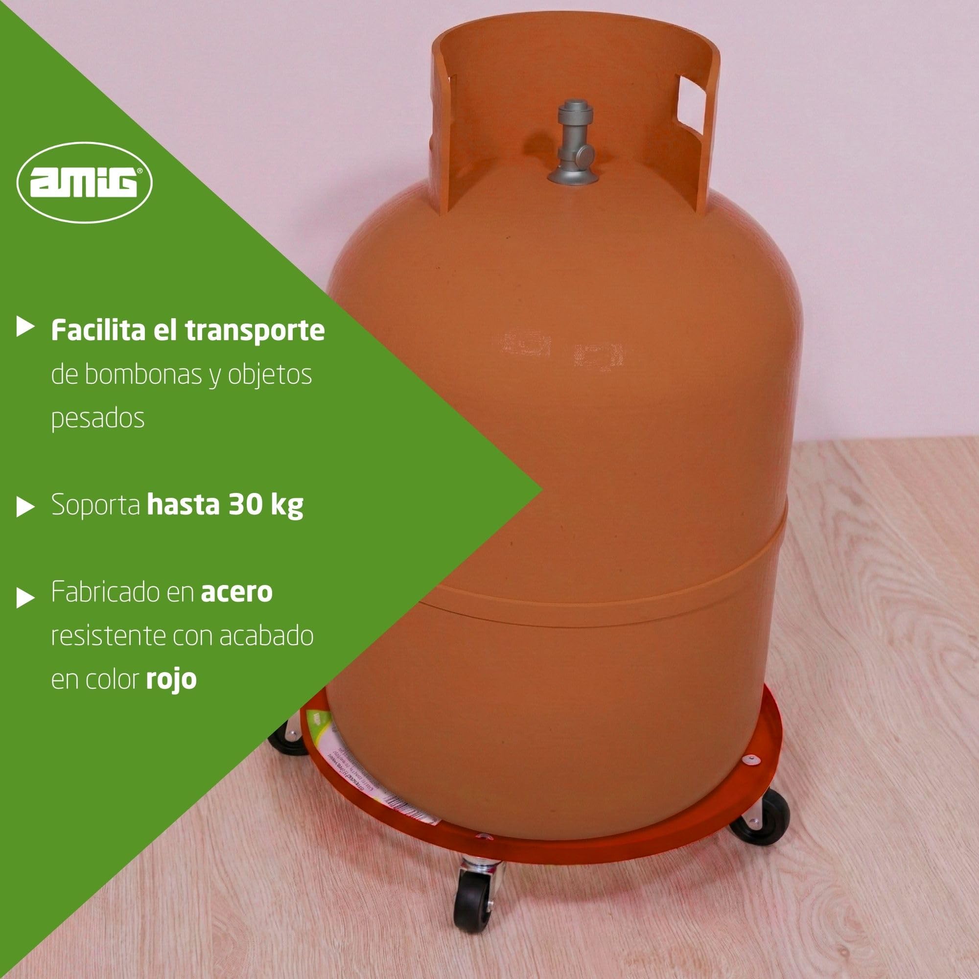 Amig Soporte para Bombonas de Butano Carro Transporte 4 Ruedas Giratorias Ø31cm Carga Máxima 30kg Acero Aleado Naranja