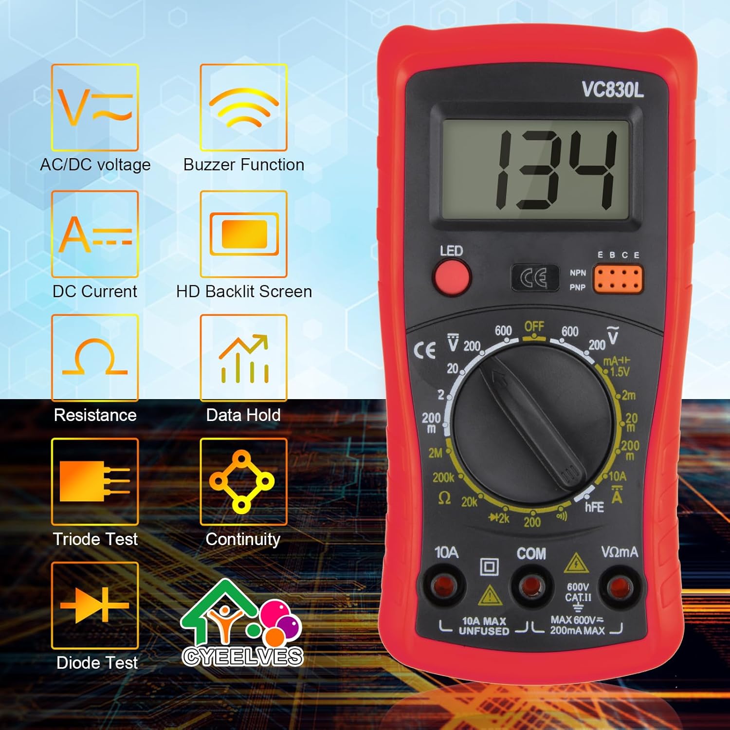 Icons representing various multimeter functions including AC/DC voltage, buzzer, backlit screen, resistance, data hold, triode test, continuity, and diode test.