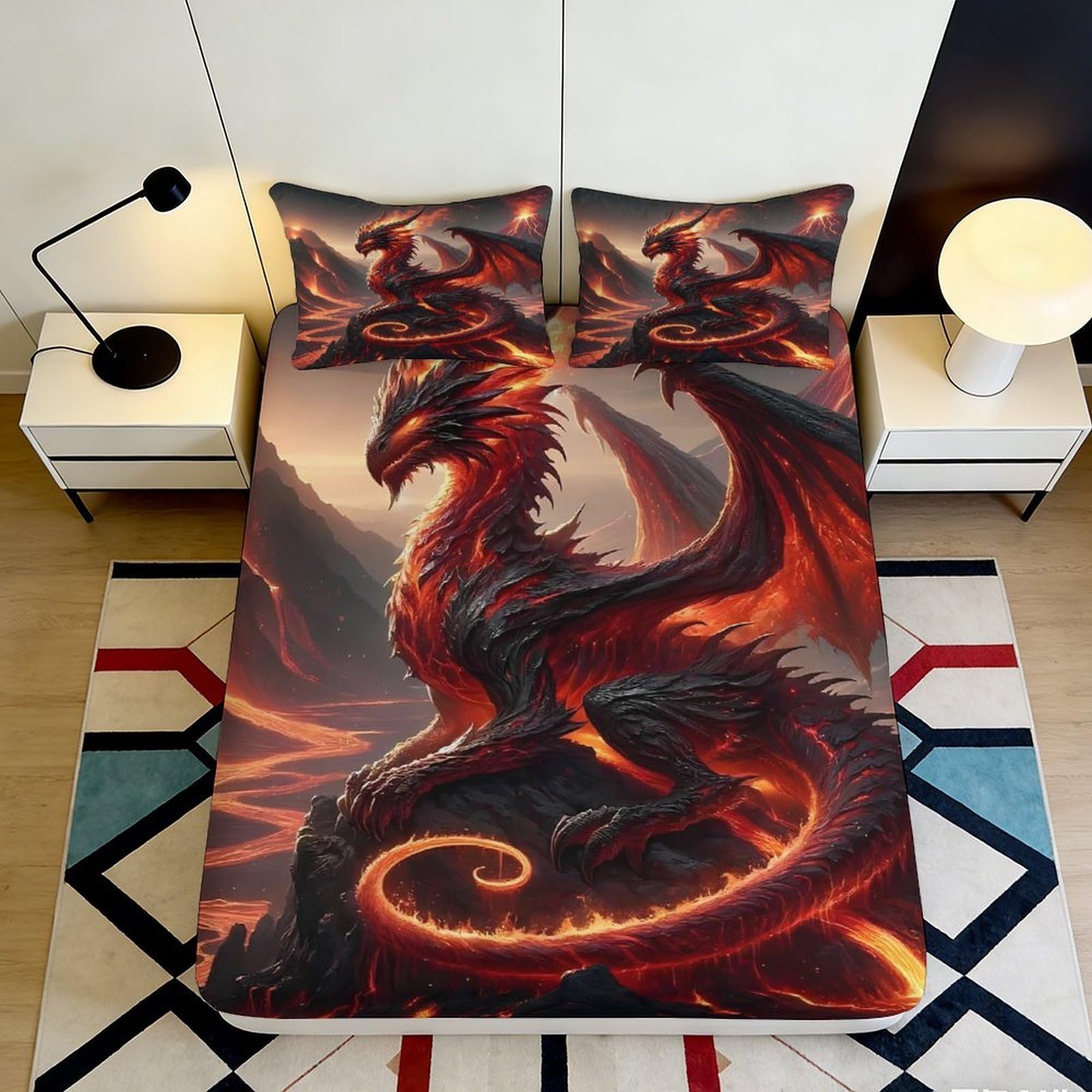 3D Printed Fire Dragon Fitted Sheet Microfiber Non Slip Lava Mountain Bed Cover for Bedroom Dorm Mattress Protection 180x200x25cm