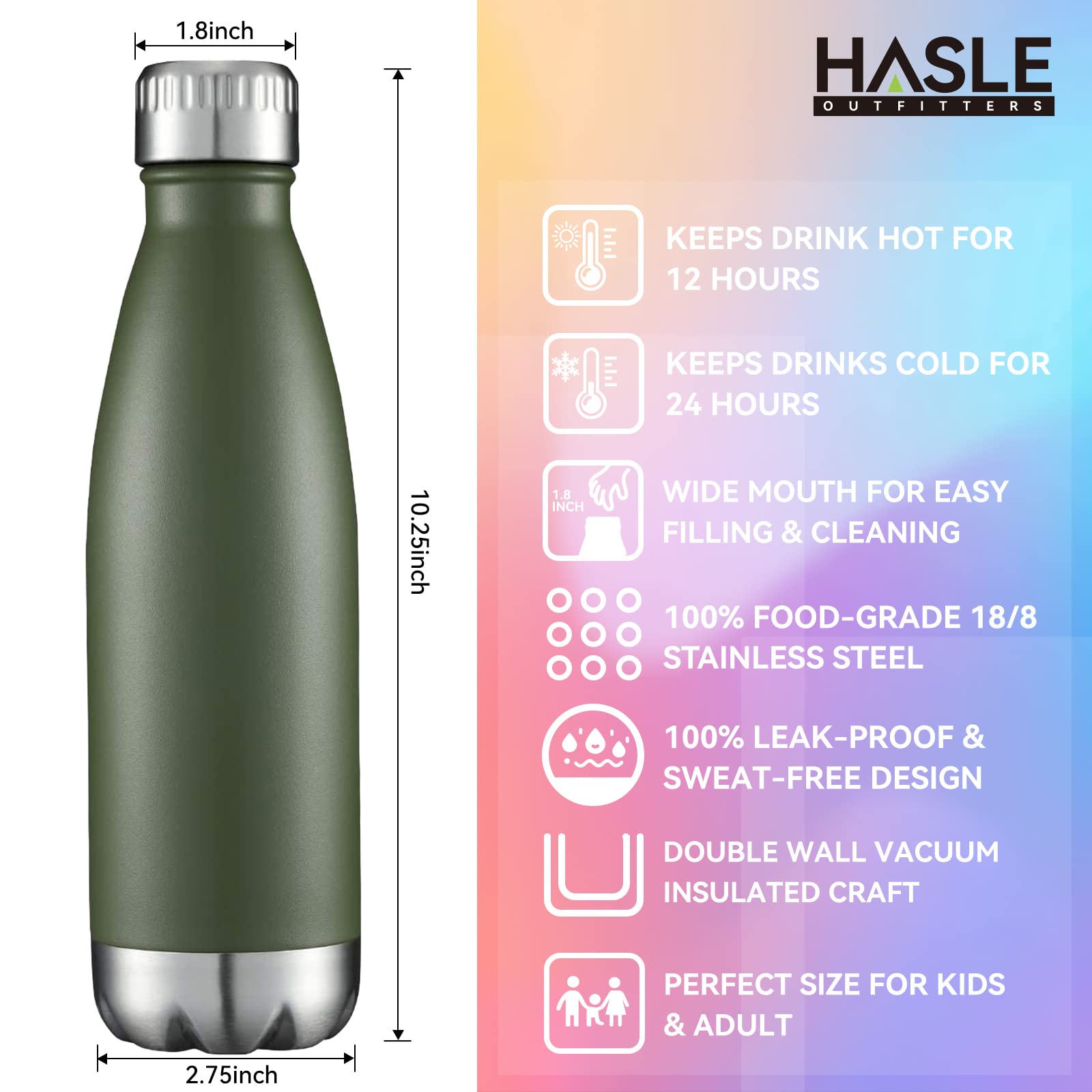 HASLE OUTFITTERS Botella de agua de acero inoxidable aislada al vacío de doble pared con tapa para deportes, viajes al aire libre a prueba de fugas