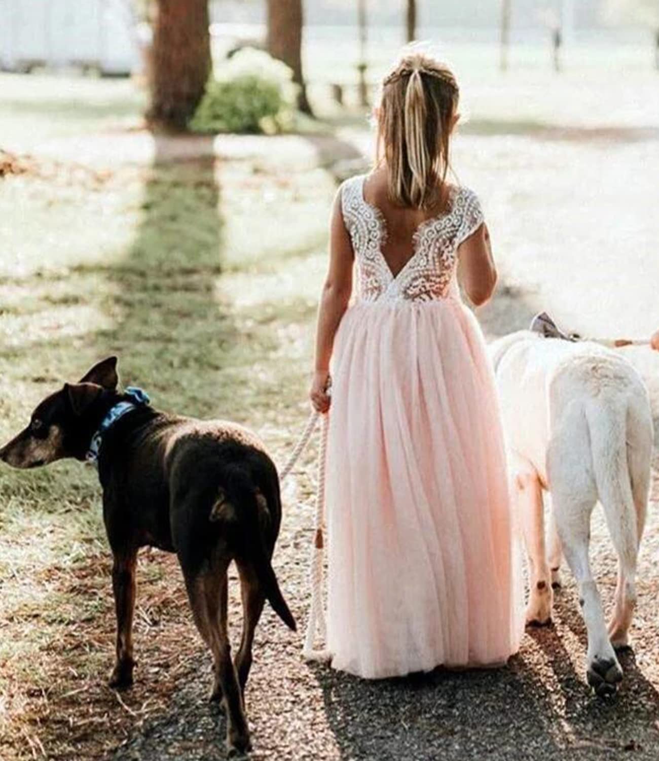 Robe de fête pour fille - Dentelle - Dos en V - Sans manches - Moelleuse - Tulle - Robe de princesse - Robe de princesse - Robe de demoiselle d'honneur