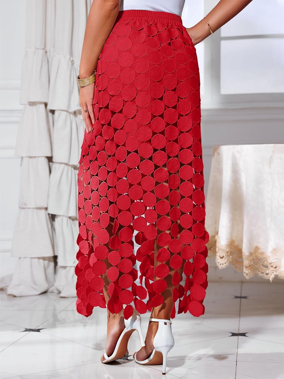 Cicy Bell Womens Hollow Out Maxi Skirts Summer High Waisted Boho Fringe Hem Long Skirt - Image 2