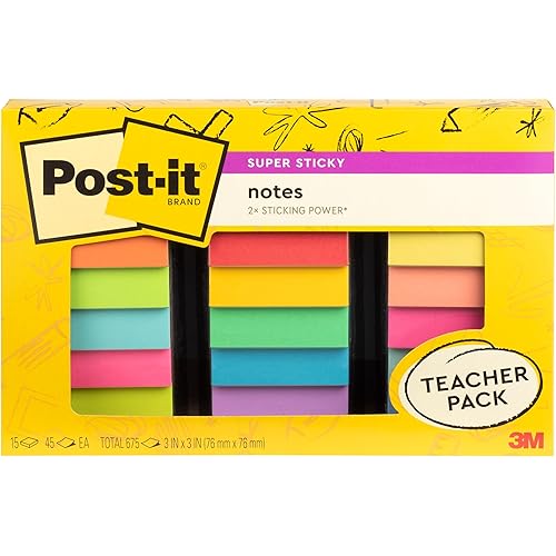 Post-it Super Sticky Notes Teacher Pack, Assorted Colors, 3 in. x 3 in., 15 Pads/Pack, 45 Sheets/Pad (654-15SSBTS-SR)
