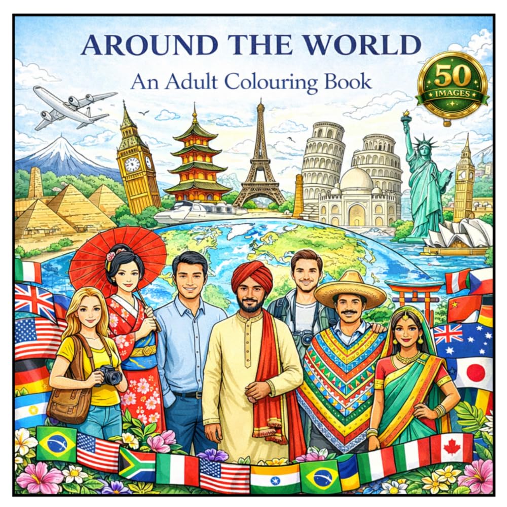 Around the World: An Adult Colouring Book of Countries, Cultures, People and Landmarks for Relaxation and Stress Relief