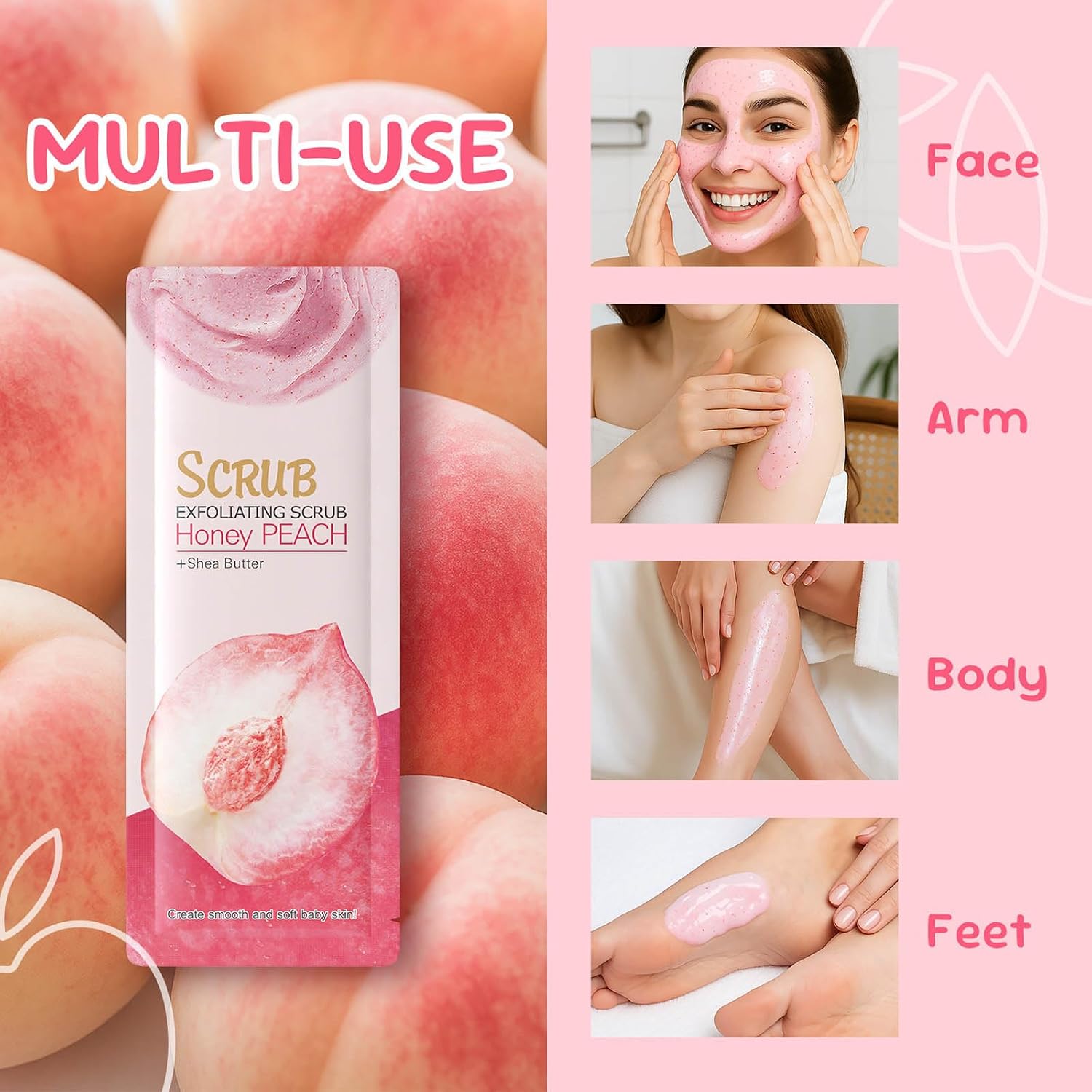 Peach Body Scrub Packets, Exfoliating Sugar Scrub for Women & Men, Moisturizing Body Exfoliator for Smooth Glowing Skin, Gentle Deep Cleansing Peach Scrub, Travel Size Single Use Sachets (3g x 20)
