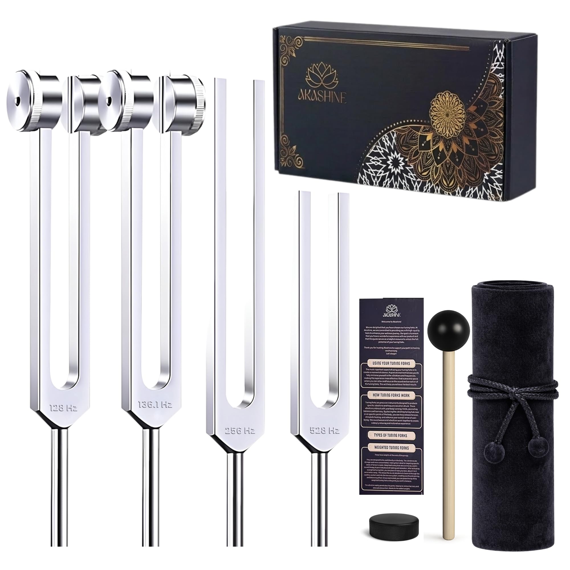 Juego de tenedores de afinación para curación, 128 Hz, 136,1 Hz, 256 Hz, 528 Hz, chakra, yoga y meditación, incluye guía de papel y generador de frecuencia para curación, instrumentos de