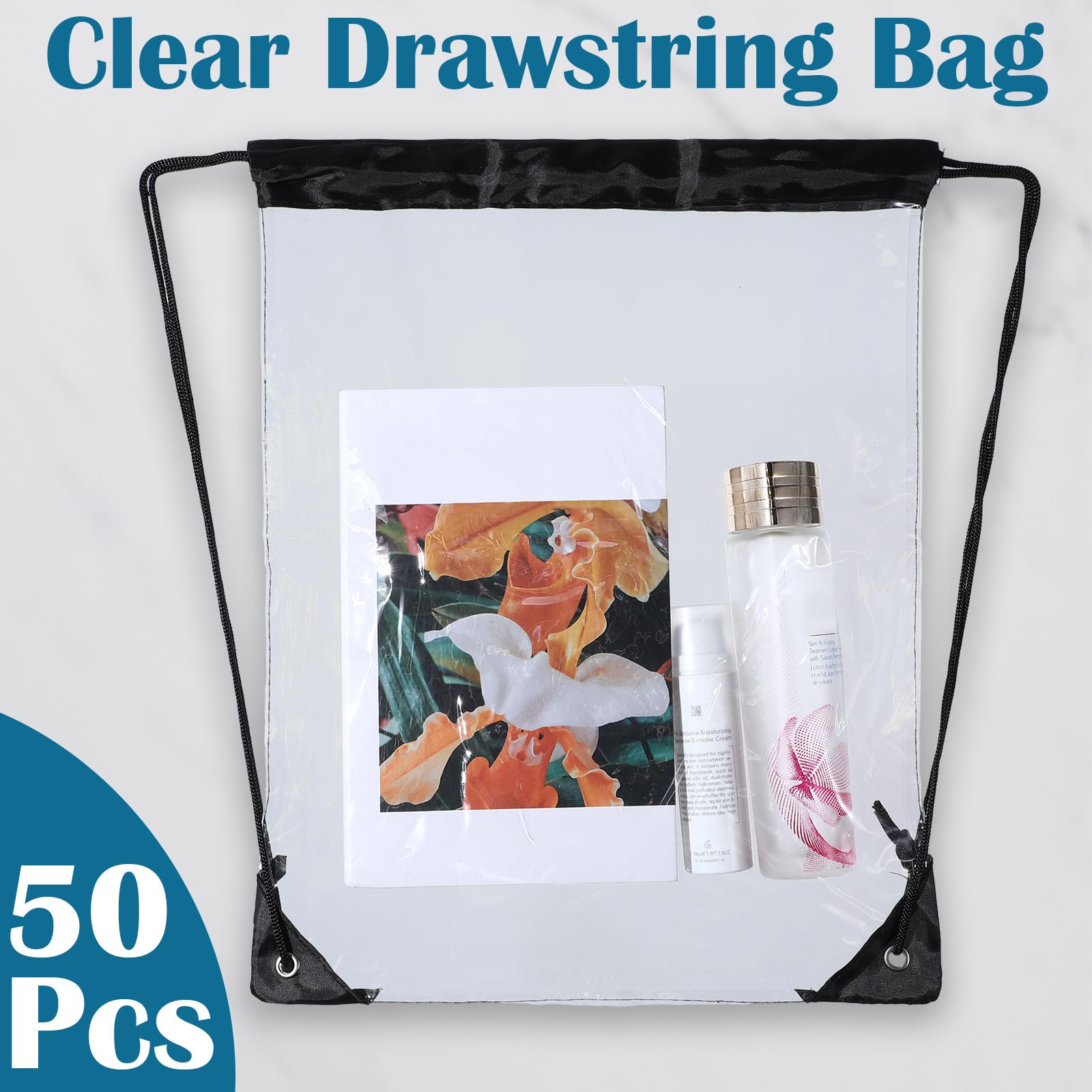 Silkfly Clear Drawstring Backpacks Bulk Stadium Approved Bags for Men Women Gym Sport Colleges Event Security (Black)