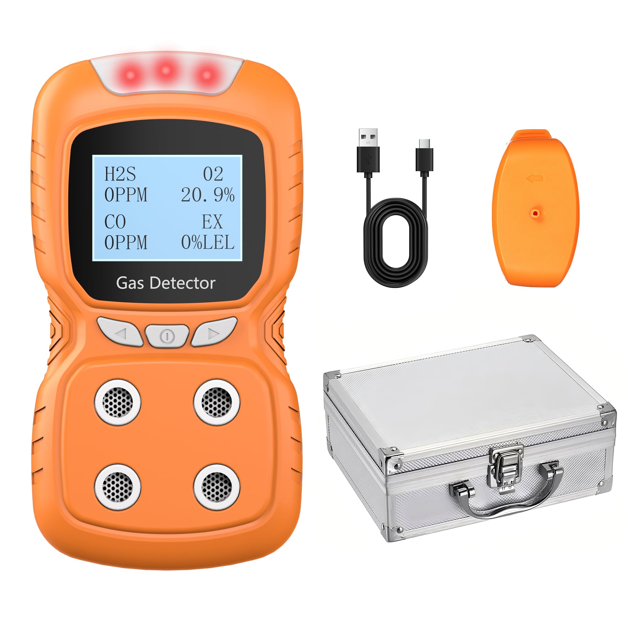 Sooguard Portable 4 Gas Detector, 4 in 1 Multi Gas Monitor Tester，H2S,O2,CO and EX Rechargeable LCD Display Gas Sniffer Alarm，Gas Clip Sound Light Shock Alarm (Orange)-image-36