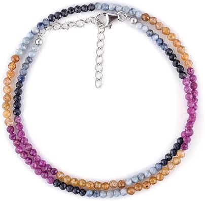 OdrillionGems Multi Sapphire Gemstone Beads Choker Necklace for Women, Micro- Faceted Beads Chakra Healing Crystal, 925 Sterling Silver Jewelry, September Birthstone, Handmade Adjustable, Valentine Gift, 18inch
