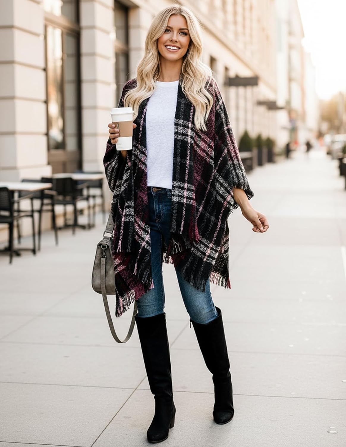 Women's Shawl Wraps Open Front Travel Poncho Cape Warm Oversized Plaid Sweaters Casual Cardigan Shawls - Image 2