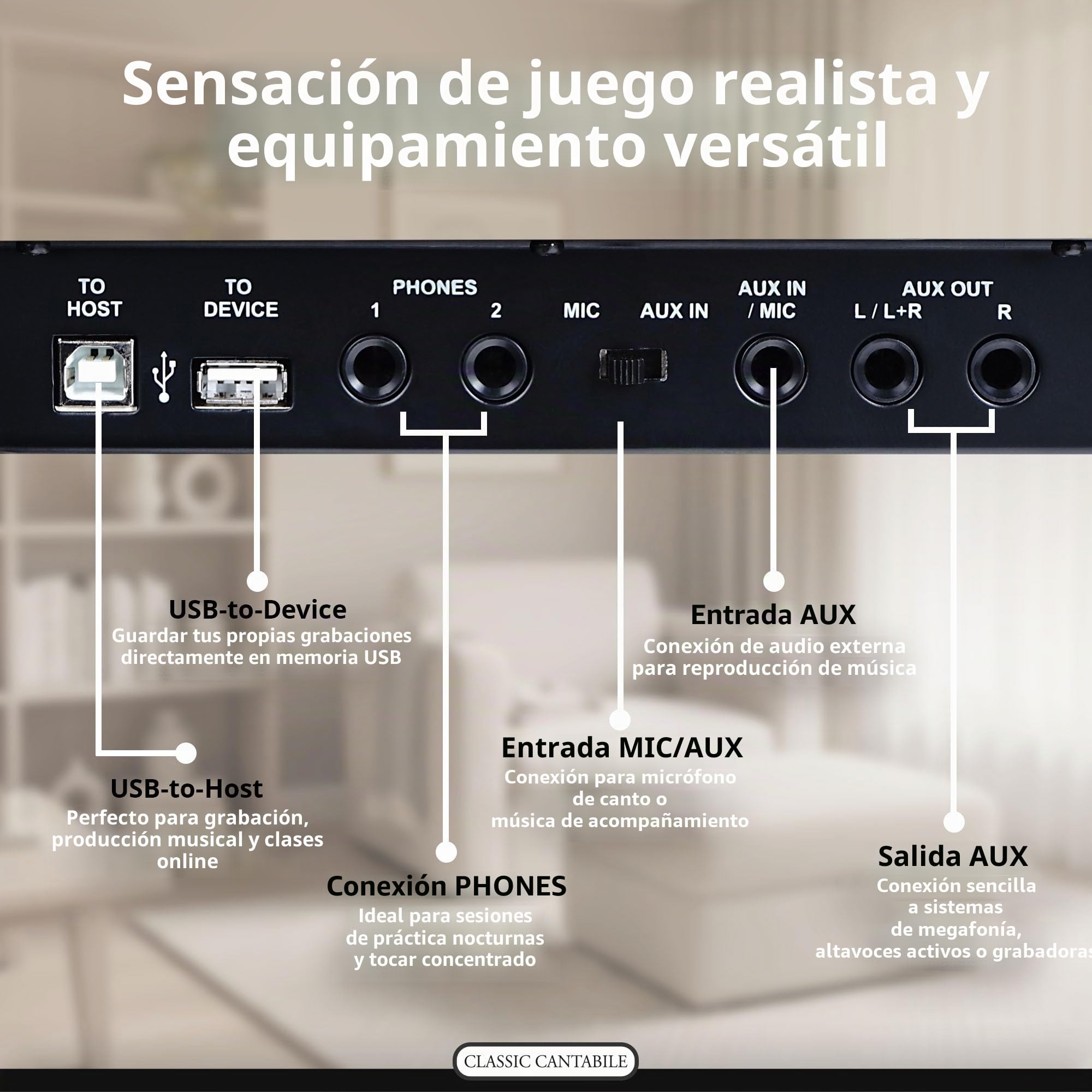 Classic Cantabile UP-1 WH Piano Vertical Digital - 88 Teclas con Peso - Teclado electronico con USB, MIDI, 40 voces, 256 polifonía - Organo musical Set con Banqueta y Auriculares - Blanco Brillante