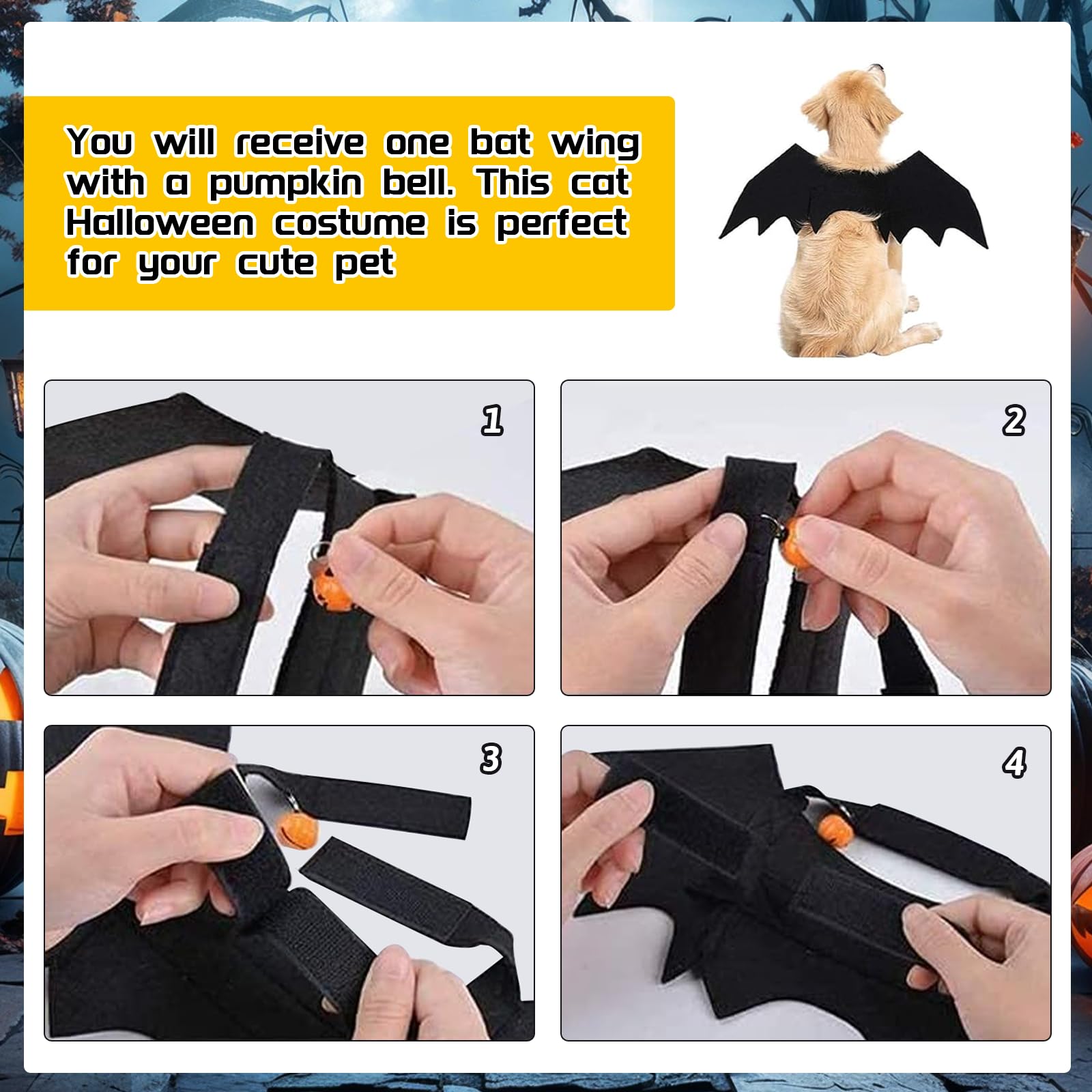 Costume da Pipistrello Halloween per Cane Gatto Nero Regolabile con Campana