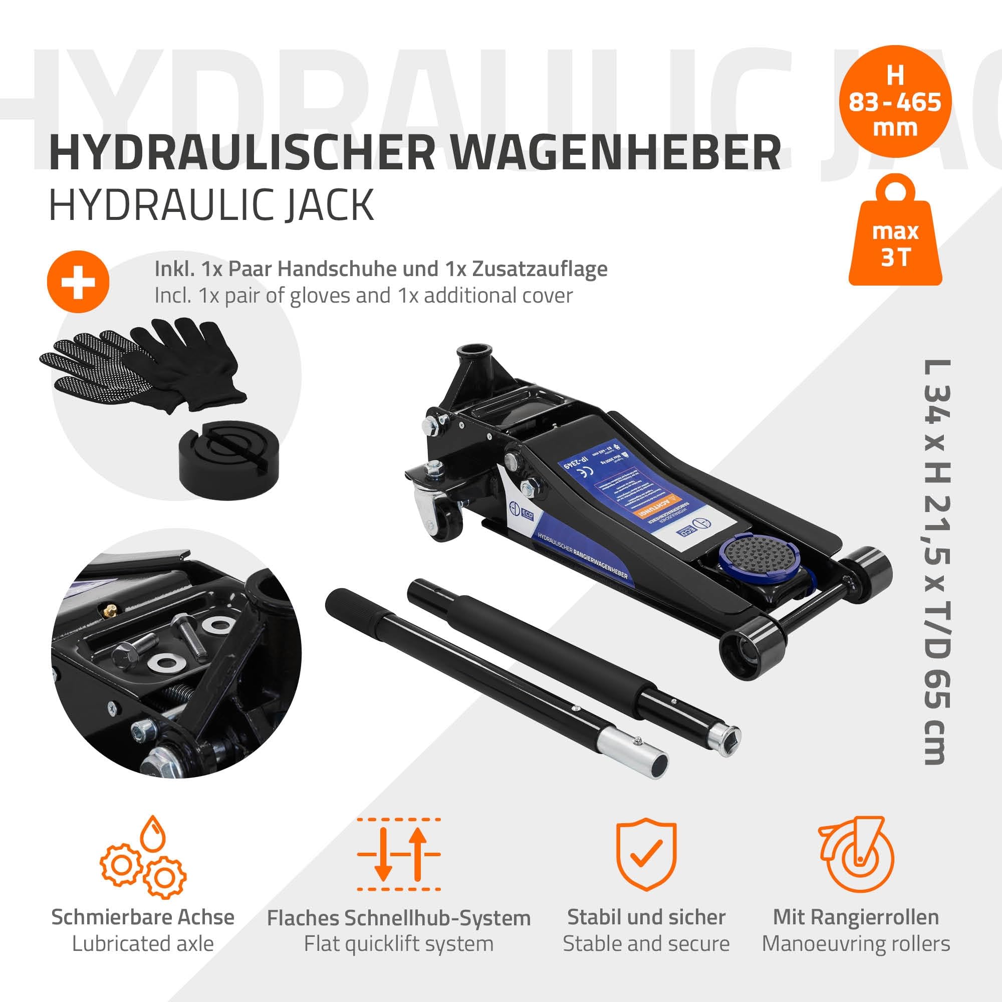 ECD Germany Gato Hidráulico 3T 83-465 mm Elevación Plana con Almohadillas de Goma y Rodillos 360°
