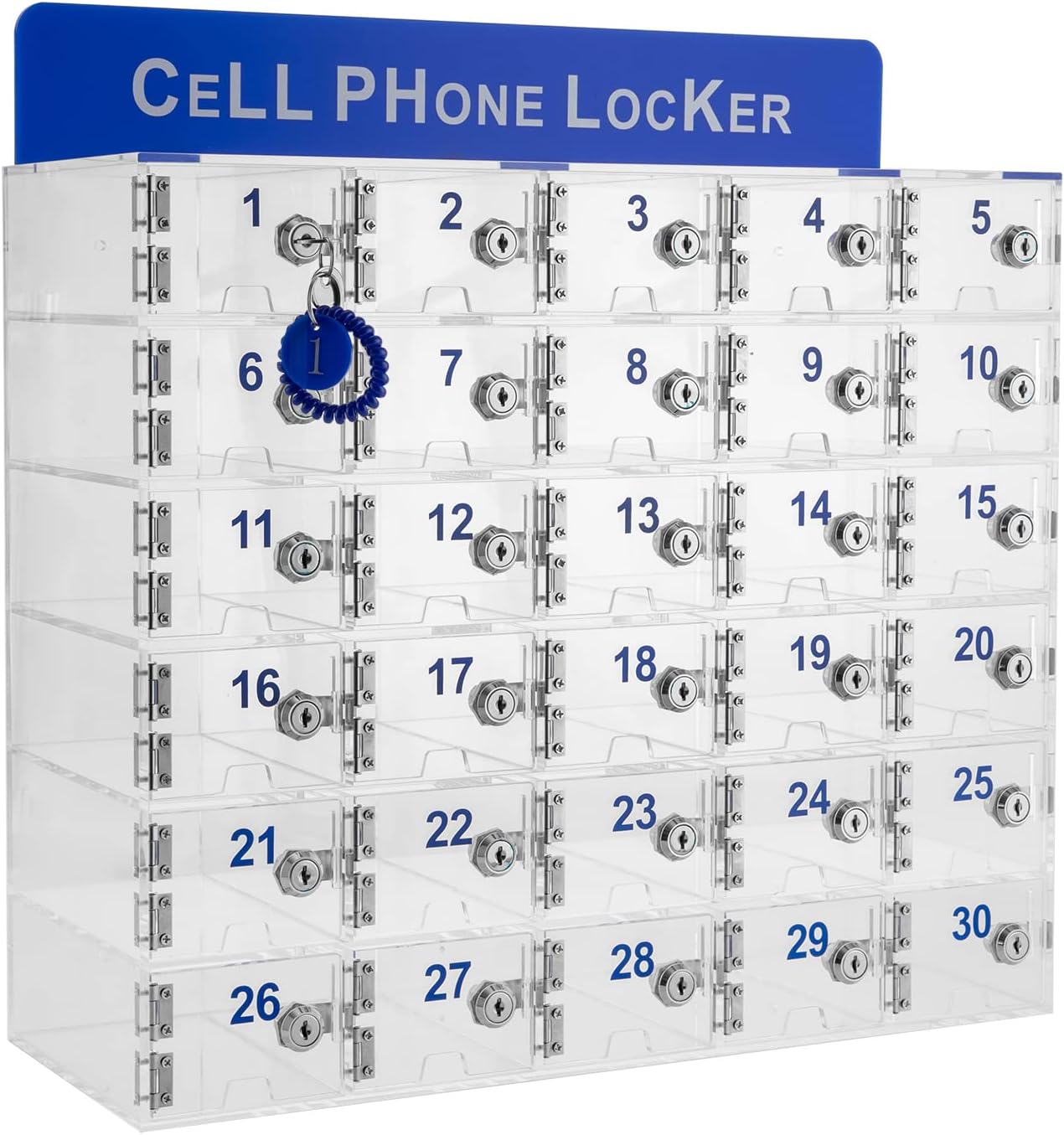 30-Slot Acrylic Cell Phone Storage Locker with Door Locks & Keys, Wall-Mounted Organizer for Classrooms & Conference Rooms, Secure Cell Phone Lock Box for Events & Offices