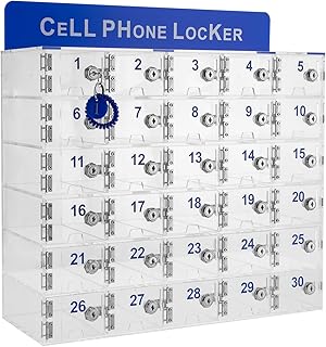 Acrylic Cell Phone Locker Box, 30-Slots Cell Phone Storage Locker with Door Locks and Keys, Wall-Mounted Cell Phones Storage Cabinet Pocket Storage Locker Box, for Classroom and Conference Rooms