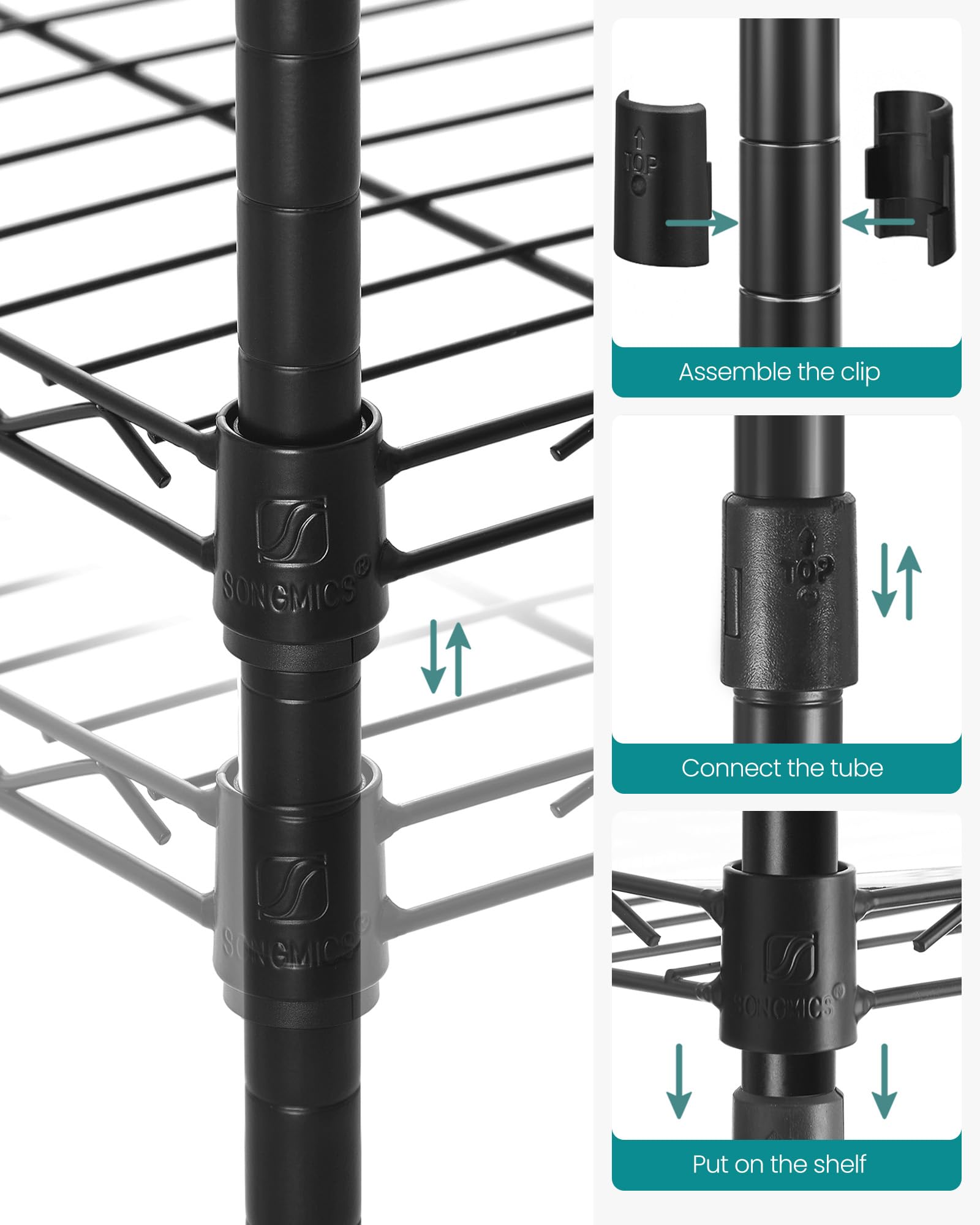 SONGMICS Keukenplank, Metalen Plank, Staande Plank, Badkamerplank Met 4 Haken Pp Panelen Verstelbare Planken Draadmand Belastbaar Tot 100 Kg Voor Kleine Kamers Badkamer Zilver Lgr105e01