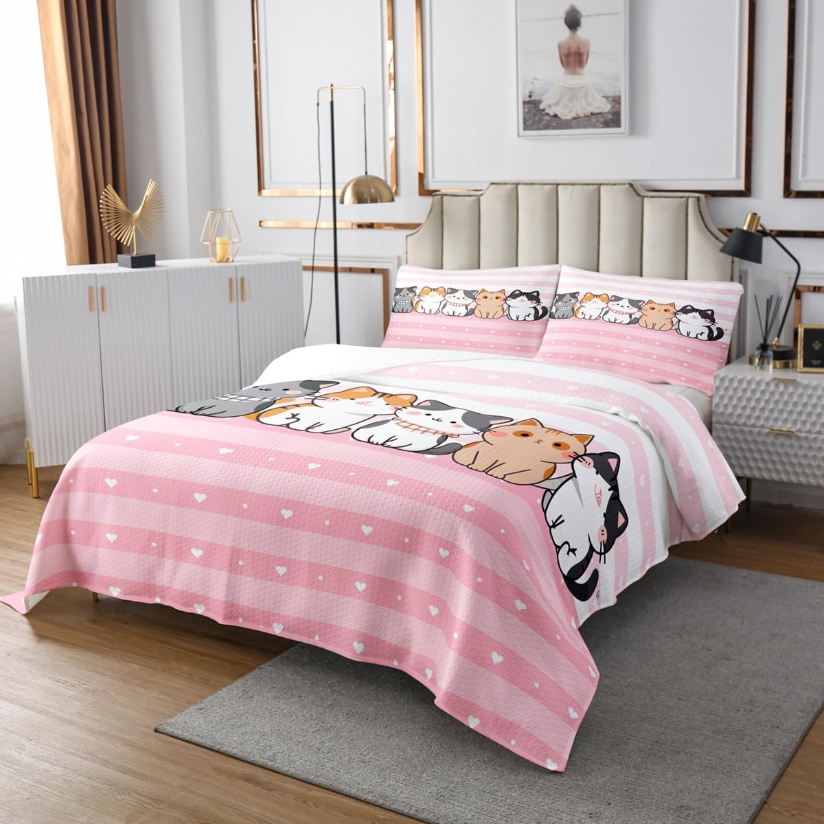 Erosebridal Kids Cartoon Cat Quilt Set Queen Size for Kids Teens Adults,Lovely Kitten Coverlet Set,Love Hearts Bedspread Set,Geometric Stripes Bed Cover Bedroom Decor