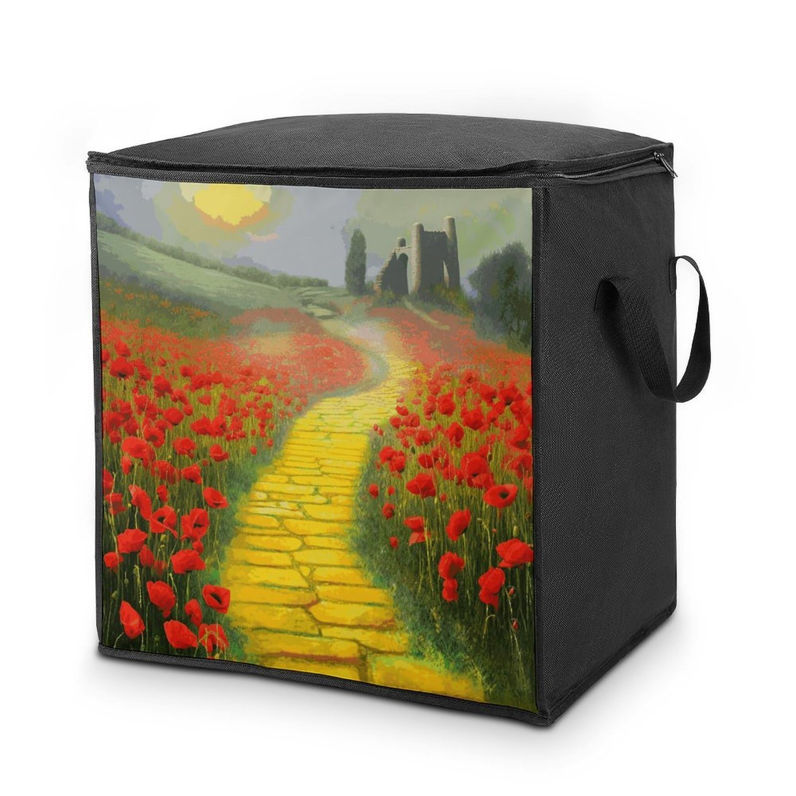 Poppies Field Yellow Brick Road Storage Bag with Zippers And Handle Extra Large Bedding Comforter Storage Bag Foldable Blanket Storage Bags Fabric Moving Bags for Closet Organizer (70L)