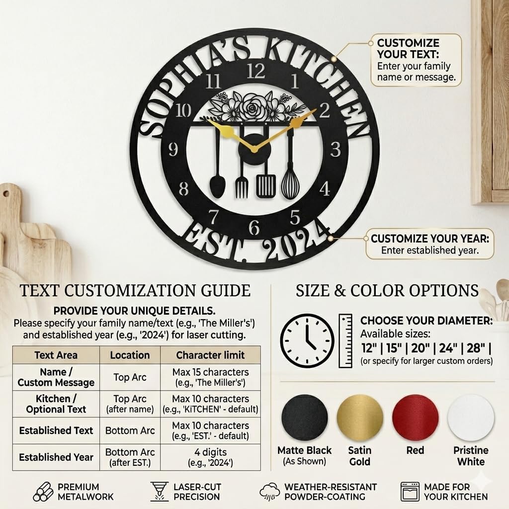 Personalized Kitchen Metal Clock,Custom Name Letter Round Wall Clock,Personalized Family Clock for Kitchen Living Room Bathroom Christmas Housewarming Gifts(12×12 inch)