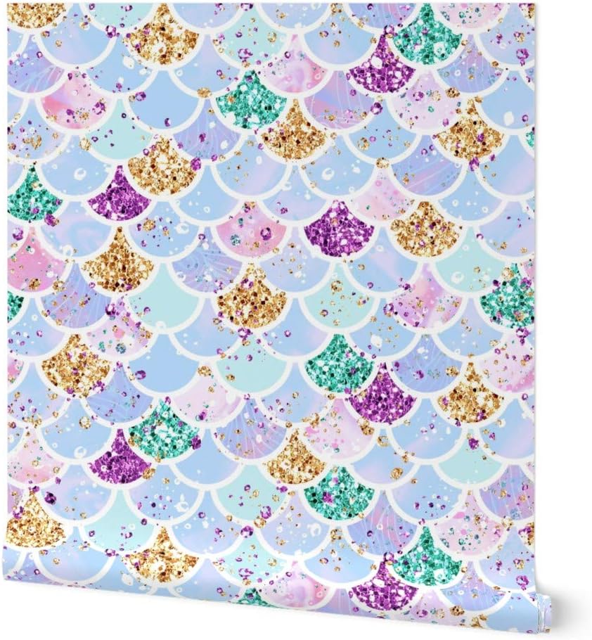 Peel & Stick Wallpaper 3ft x 2ft - Mermaid Scales Aqua Custom Removable Wallpaper by Spoonflower