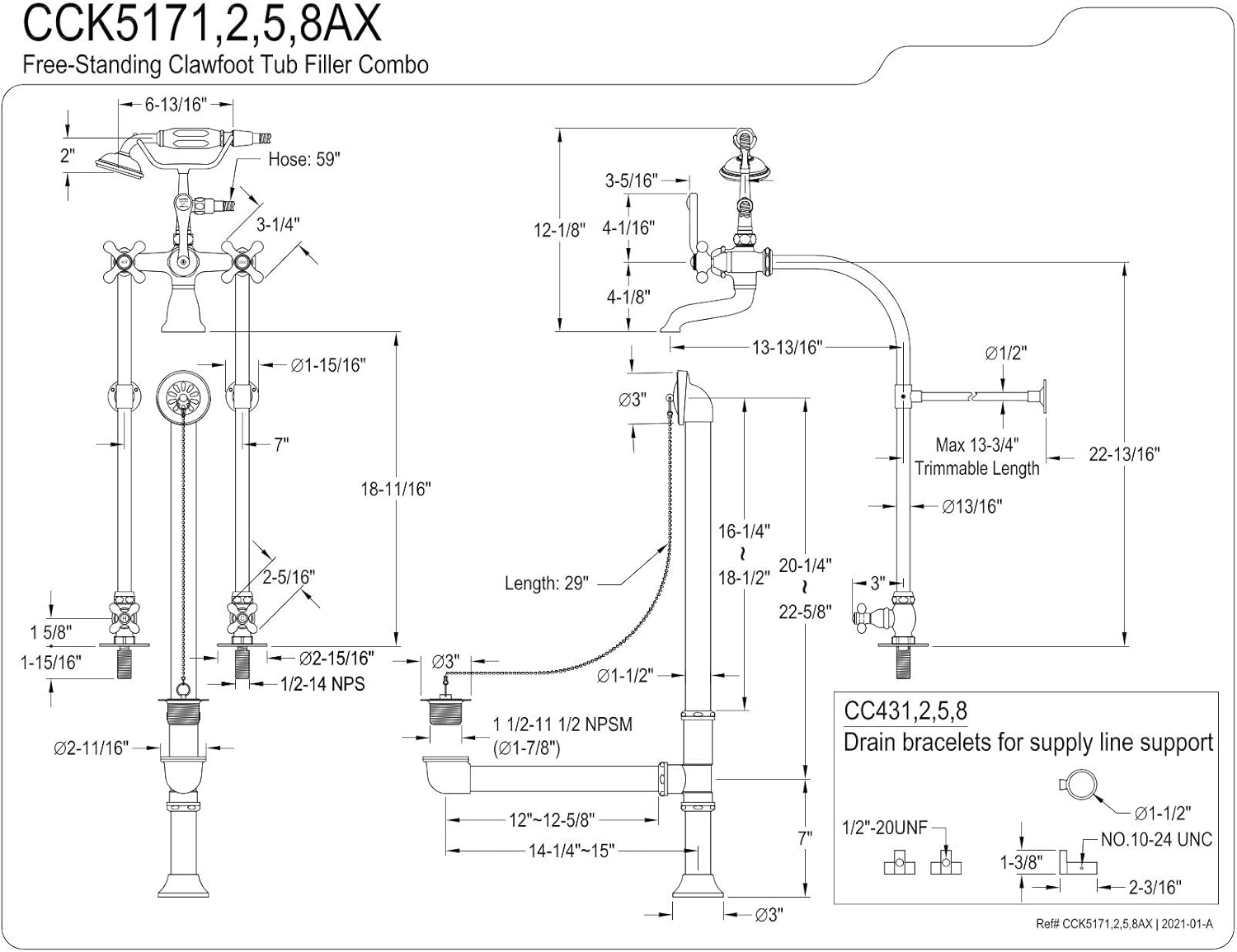 Kingston Brass CCK5172AX 7-Inch Center Rigid Free Standing Clawfoot Tub Filler Combo, Polished Brass