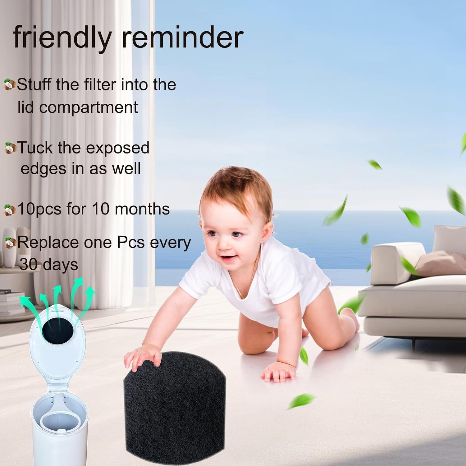 10 PCS Baby Diaper Pail Deodorizer for Ubbi Diaper Pail,Activated Charcoal Odor Absorber Filters Compatible with Ubbi Steel, Precise Fit, Odor Locking & Keep Nursery Fresh