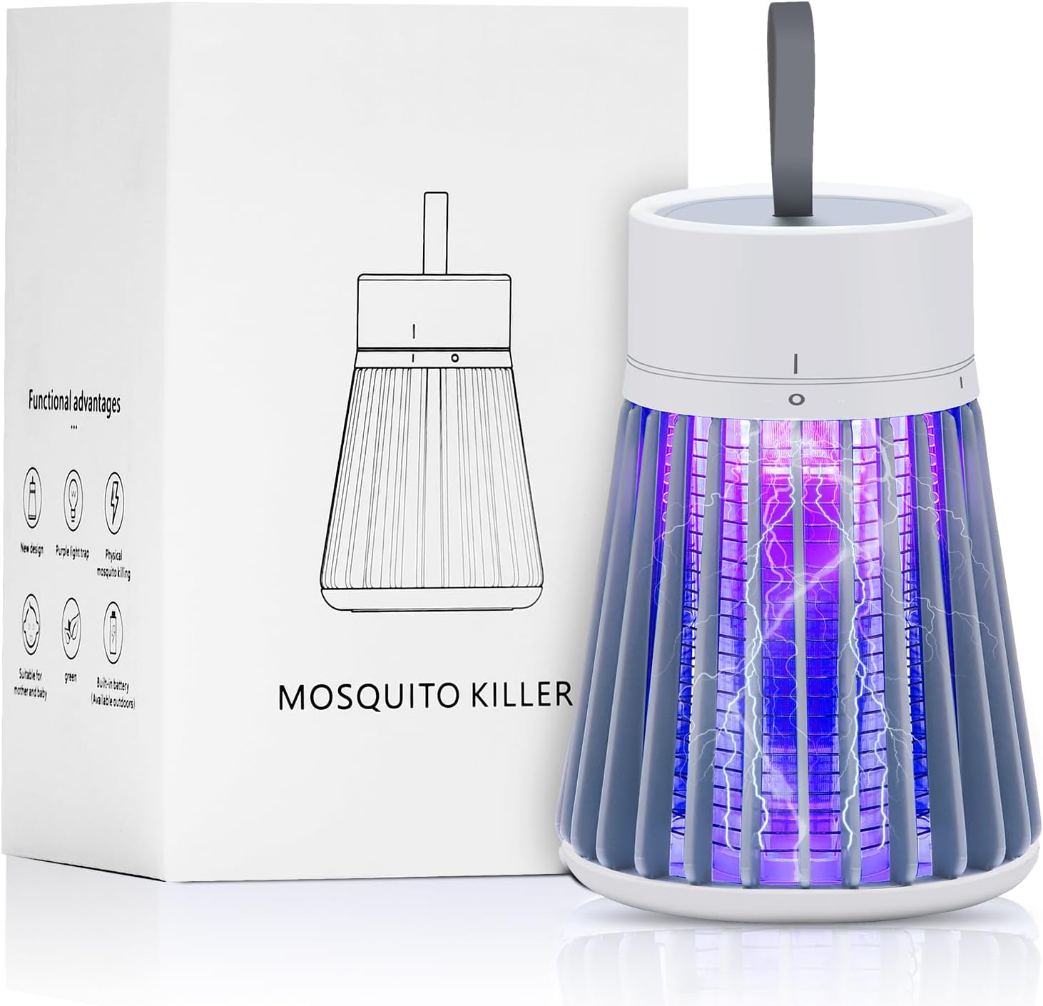 Rechargeable Mosquito Zapper for Home & Camping - UV Purple Light Electric Insect Trap, USB Charging, Safety Grid, Indoor/Outdoor Bug Killer (Gray)