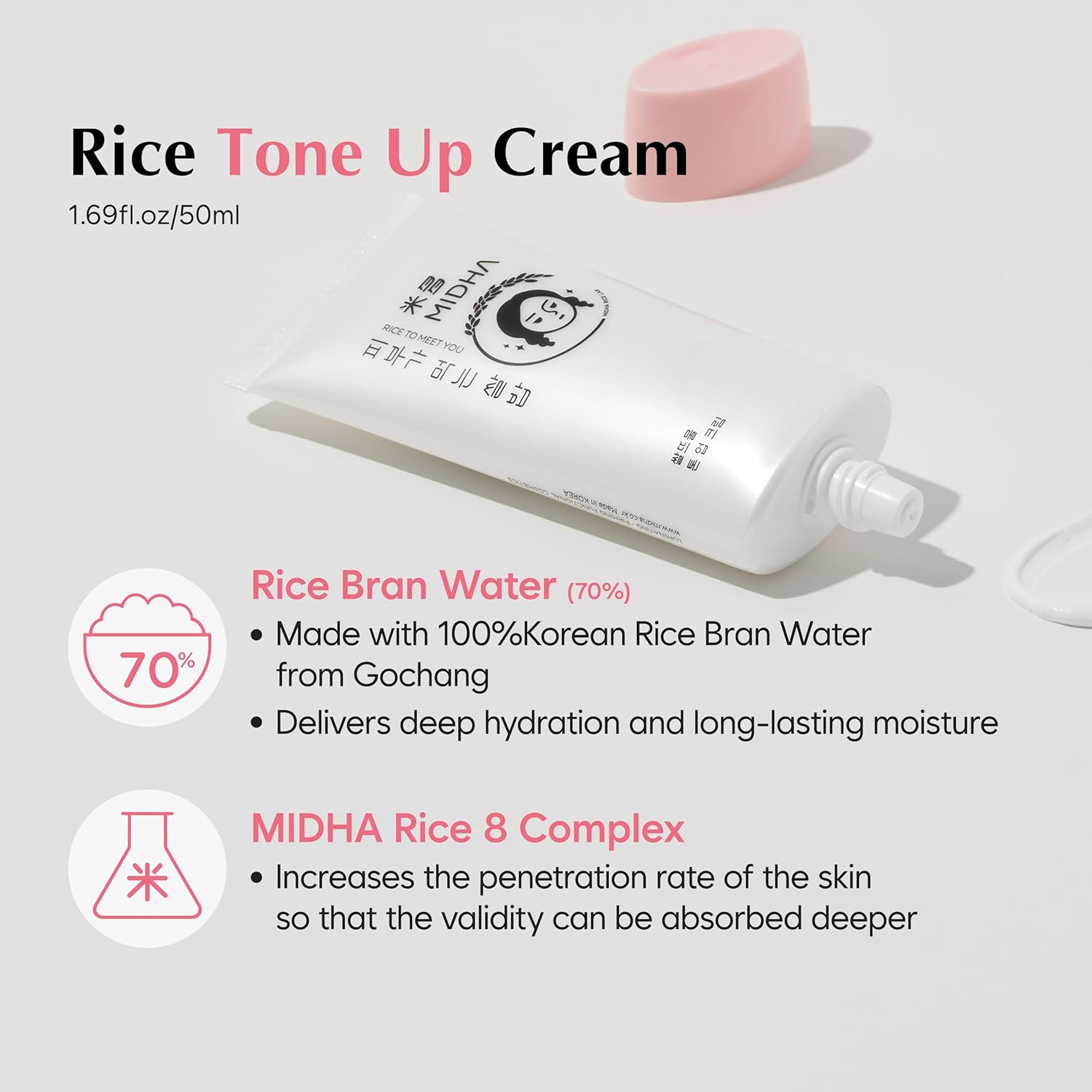 MIDHA RICE TONE UP CREAM, 1.69fl.oz/50ml, Even Skin Tone, Hydrating, Sheer, Natural Tone-Up, No Makeup Natural Tone, Ideal makeup Primer, Non-Sticky Finish, Vegan, Makeup Base - Image 4