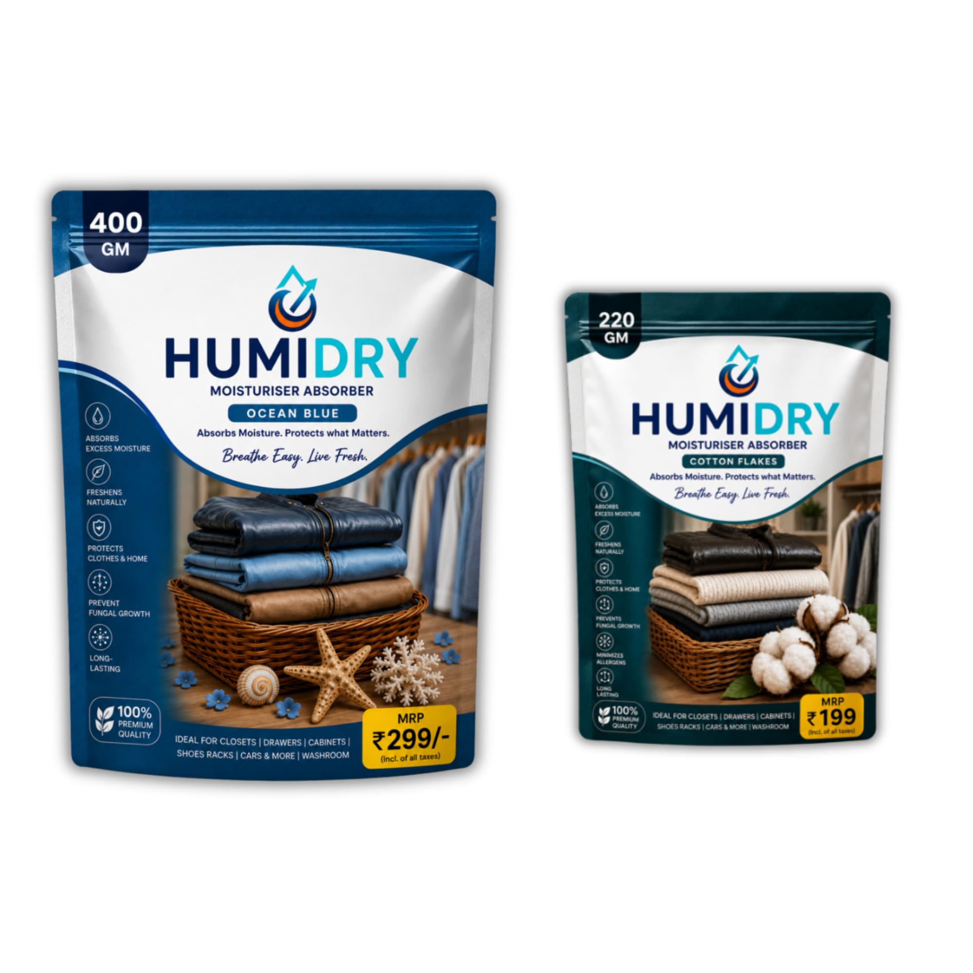 Moisture Absorber Combo Pack of 2 (Ocean Blue 400g & Cotton Flakes 220g)| Dehumidifier for Wardrobe, Closet, Cabinet, Drawer, Shoe Rack, Bathroom & Car-image-8