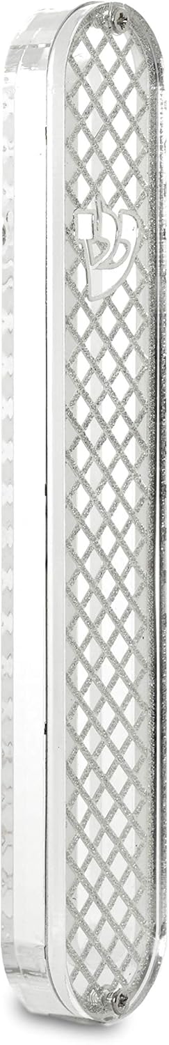 Perspex Rounded Mezuzah with Cross-Hatch Pattern in Nickel-Plated-Brass
