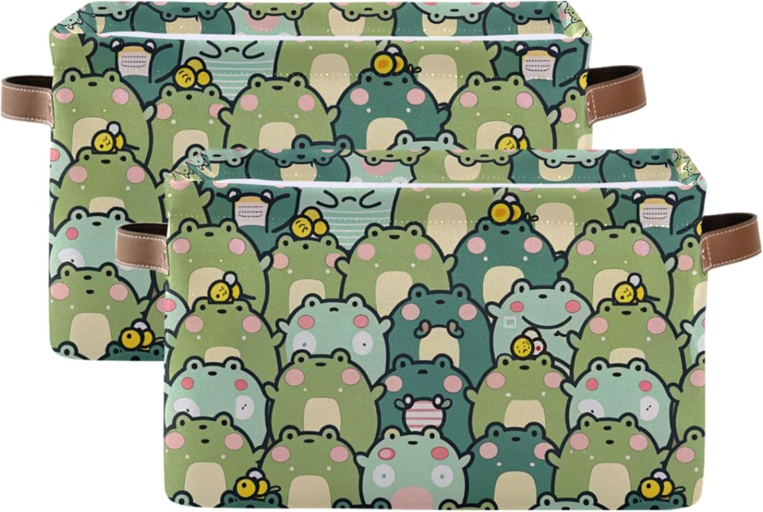 xigua Kawaii Frogs Storage Basket Collapsible Storage Bins Waterproof Canvas Storage Basket with Leather Handles for Home Closets Offices,Bedrooms,Gift Baskets,2PCS