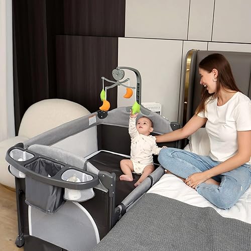 Miniatura 3 de Zdolmy Cuna para dormir de noche, paquete 4 en 1 con moisés con cambiador de pañales y bolsa de almacenamiento, 3 alturas ajustables, arco de