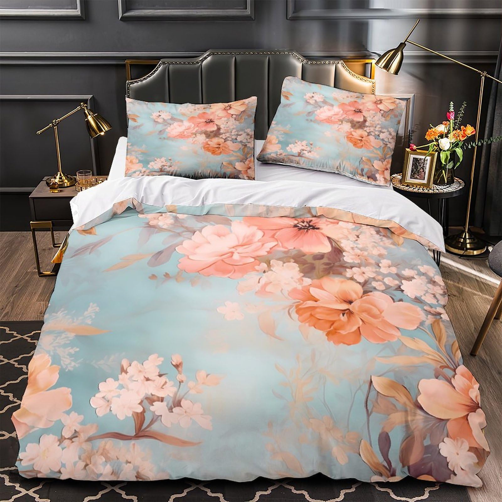 Parure de lit 140x200 housse de couette fleurs imprimé 3D microfibre single