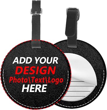 Custom Leather Luggage Tags Set of 2 Pack Personalized Text Photo Image Suitcase ID Tags Travel Bag Name Label with Full Back Privacy Cover Stainless Steel Loop for Men Women 3.7 x 3.7inch