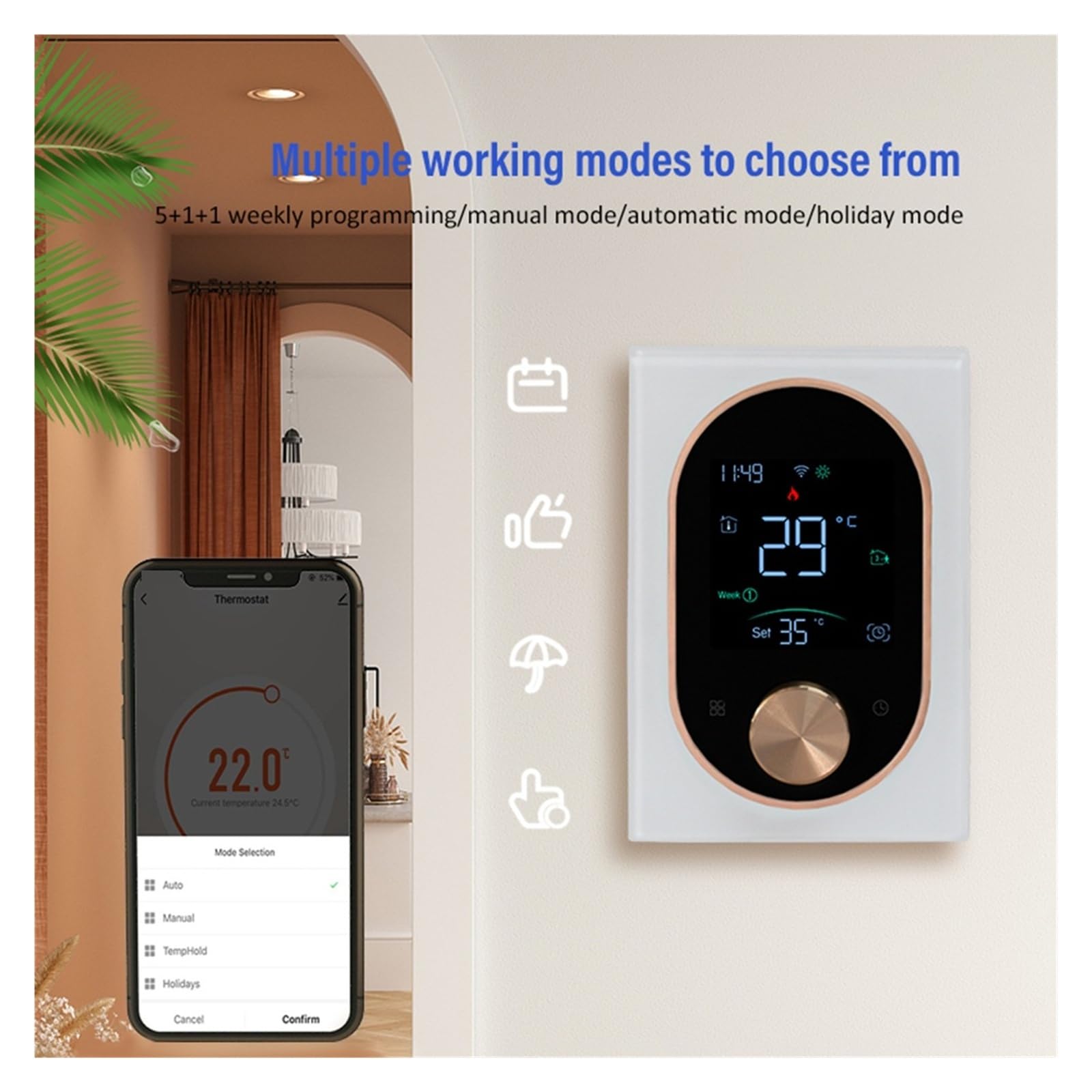 Termostat pokojowy z inteligentnym pokrętłem i funkcją ogrzewania WiFi, regulator temperatury Kontrola temperatury(Wit)